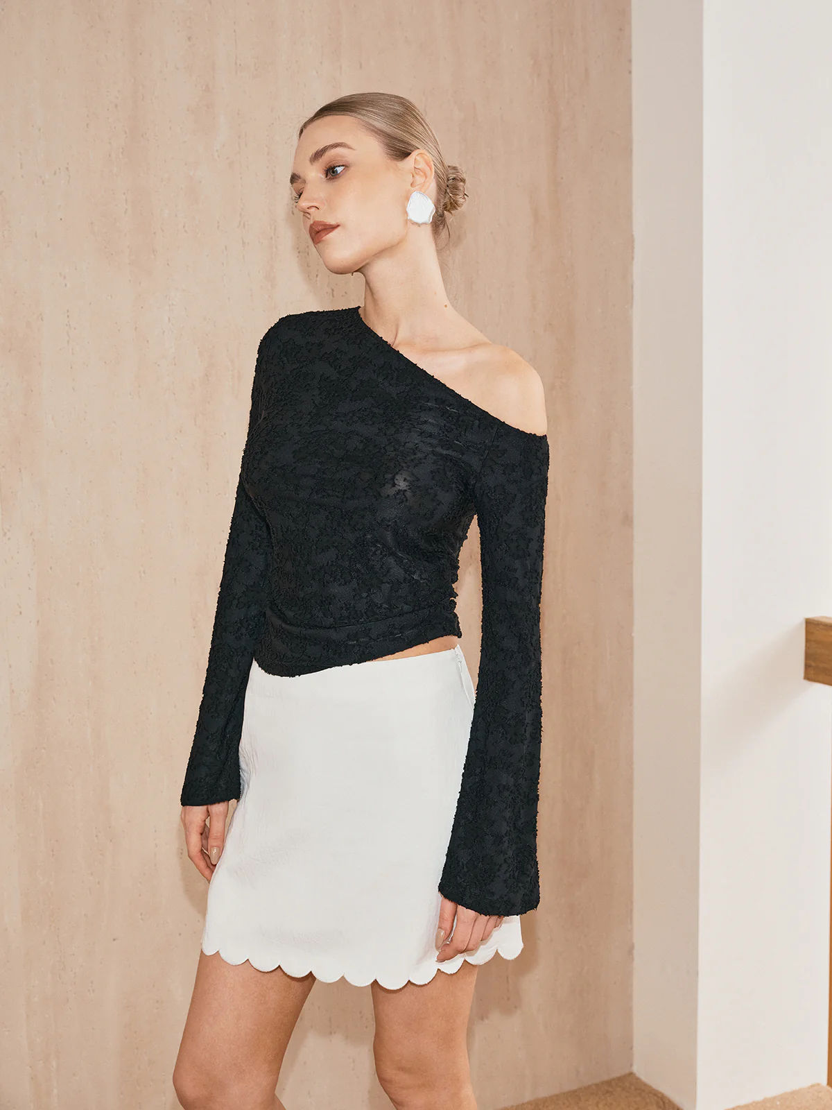 One-Shoulder Textured Jacquard Semi-Sheer Top - Wholesalesil