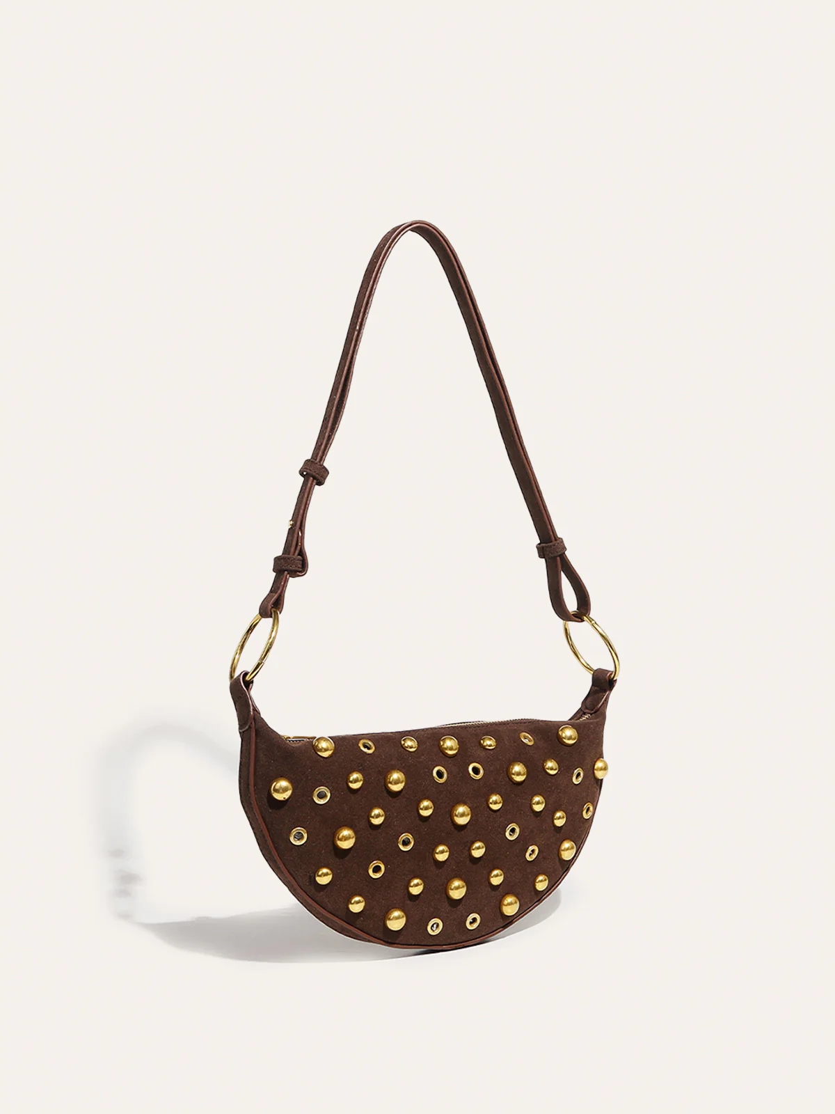 Suede Effect Studded Half-Moon Shoulder Bag - Wholesalesil