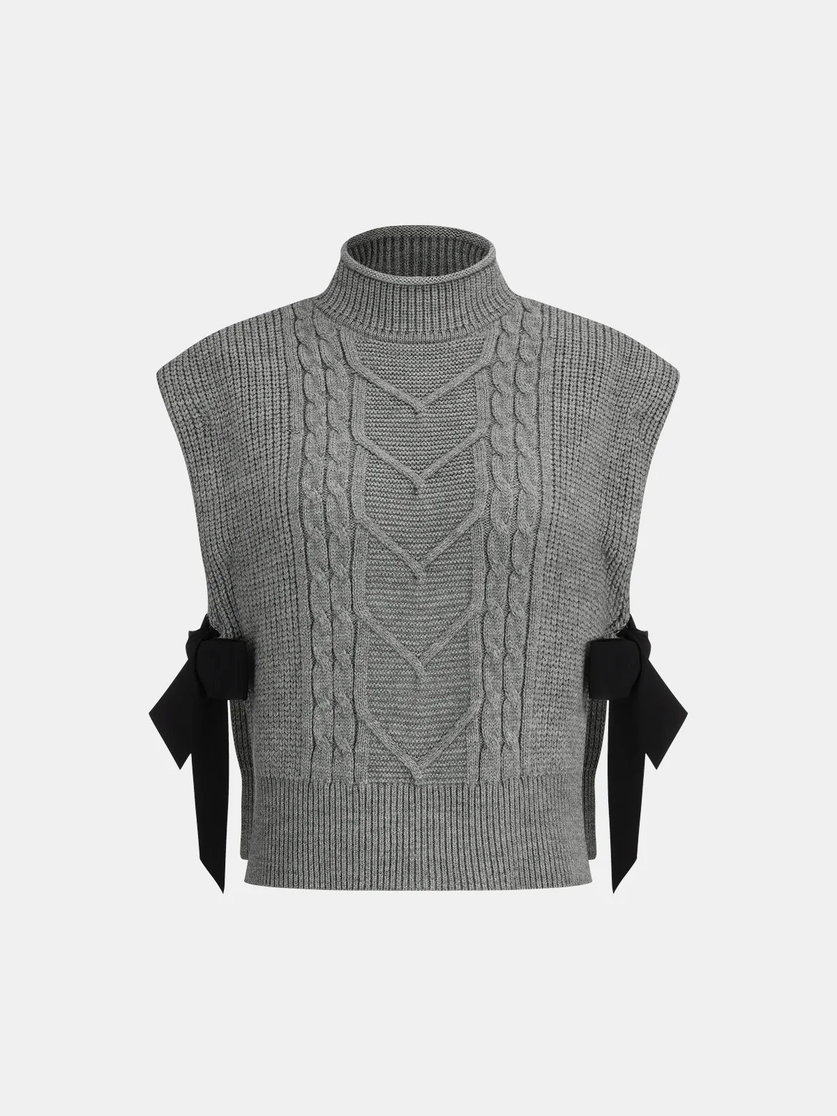 Wool Blend Mock Neck Bow Detail Cable Knit Vest - Wholesalesil