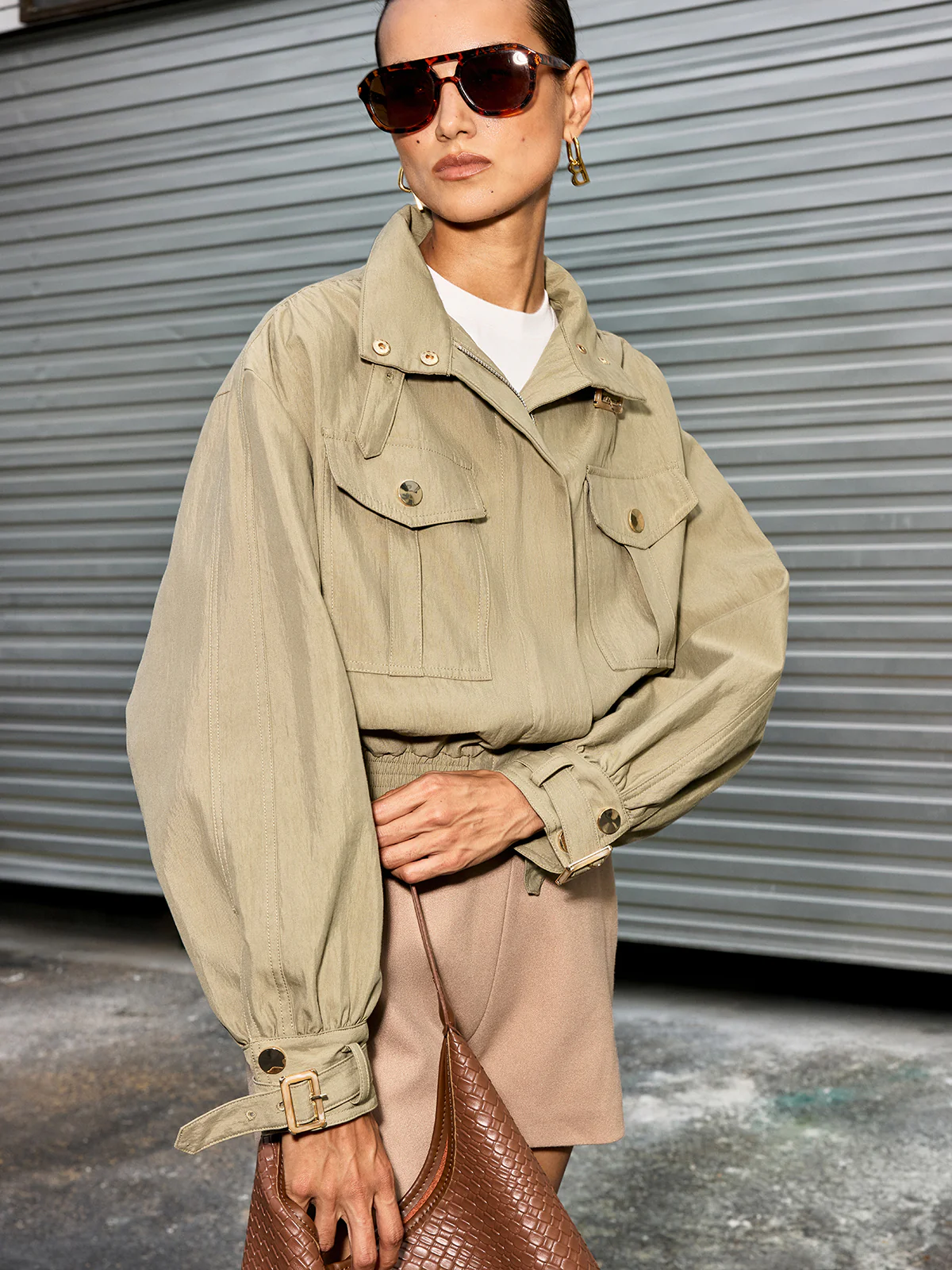 Belted Collar Cotton Blend Cropped Jacket - Wholesalesil