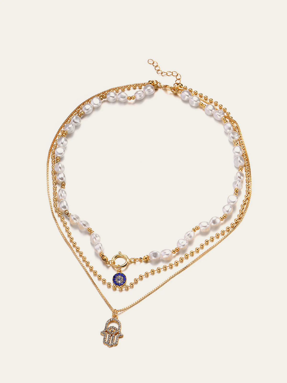 Pearl & Hamsa Hand Multi-Layer Necklace Set - Wholesalesil