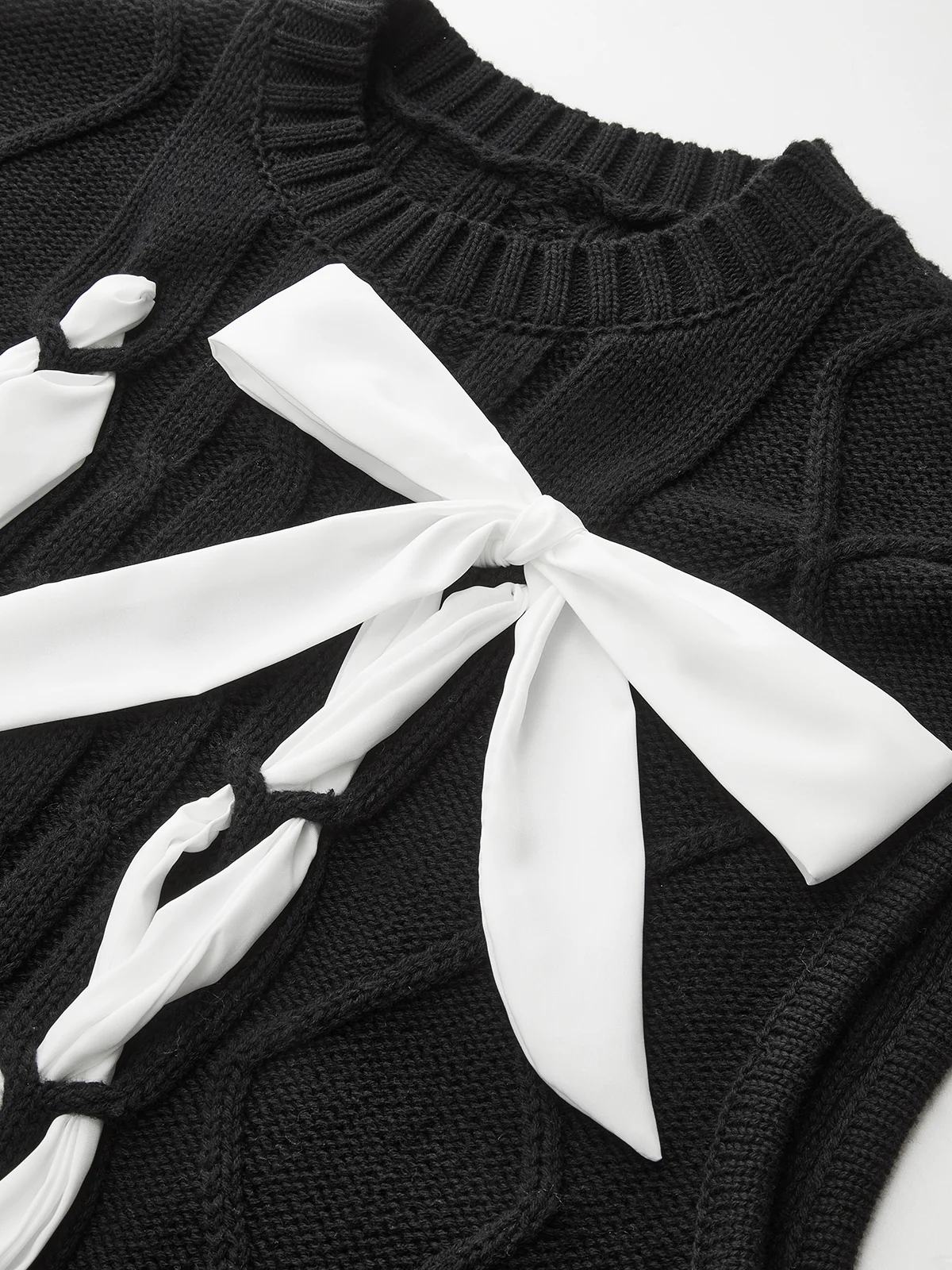 Cable-Knit Bow Cap Sleeve Vest - Wholesalesil