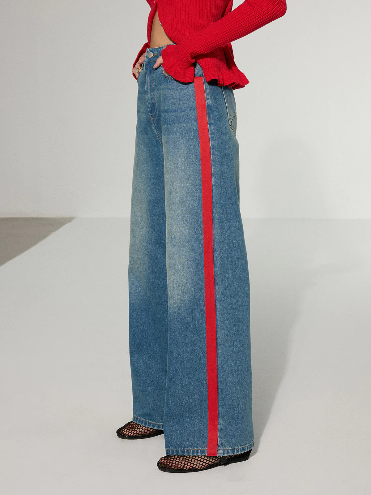 Contrast Side Striped Wide-Leg Jeans - Wholesalesil