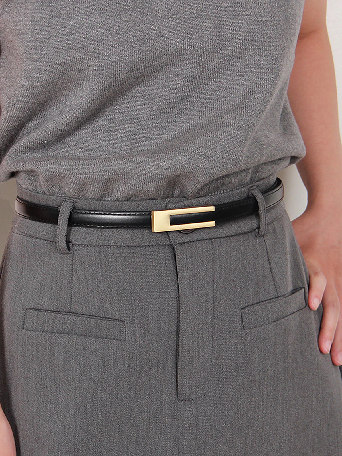 Golden Geometric Buckle PU Leather Thin Belt - Wholesalesil
