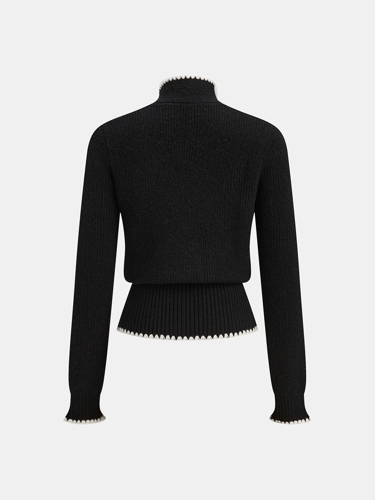 Mock Neck Tie Neck Contrast Stitch Sweater - Wholesalesil