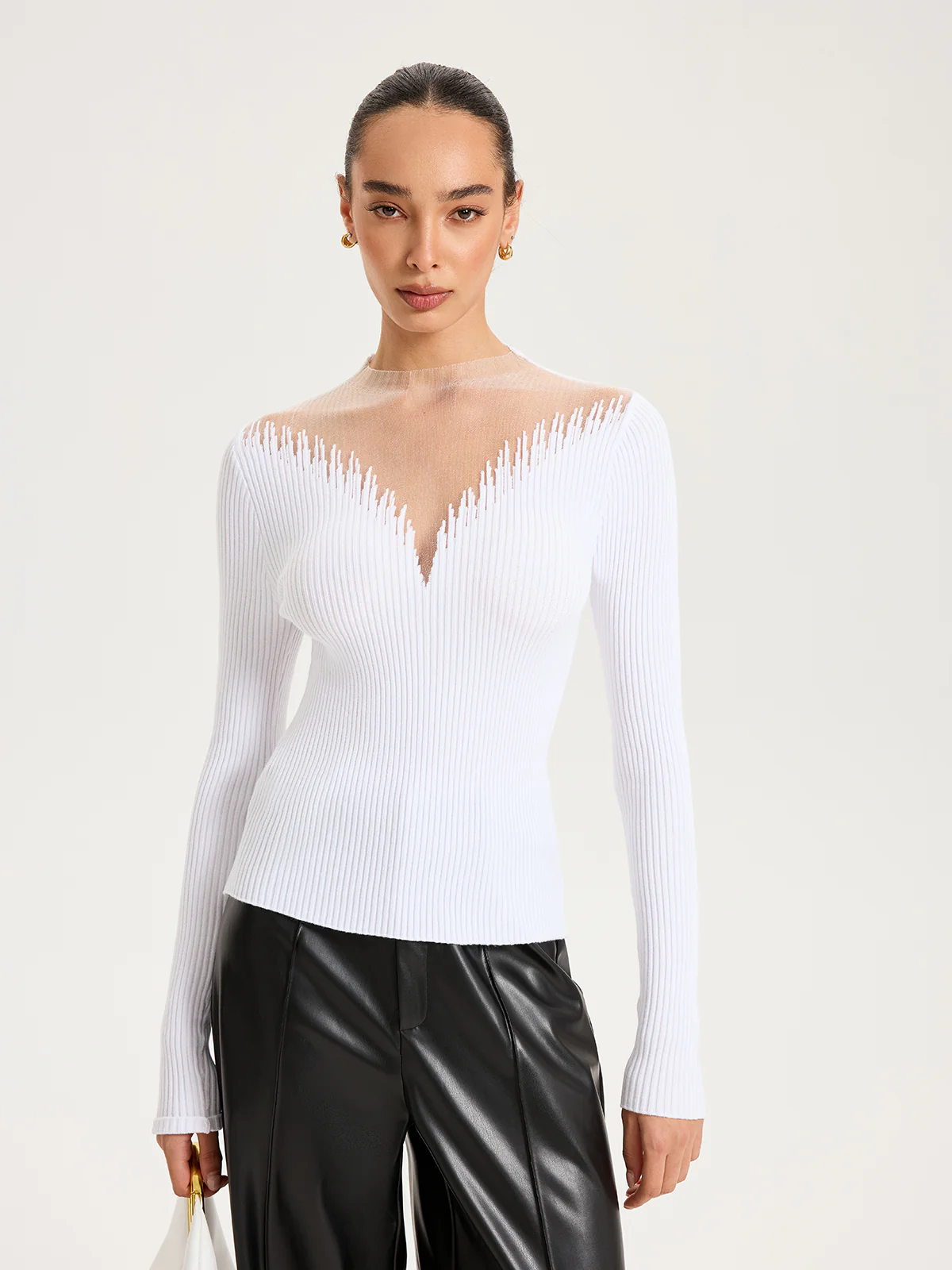 Sheer Mesh Panel Ribbed Knit Top - Wholesalesil