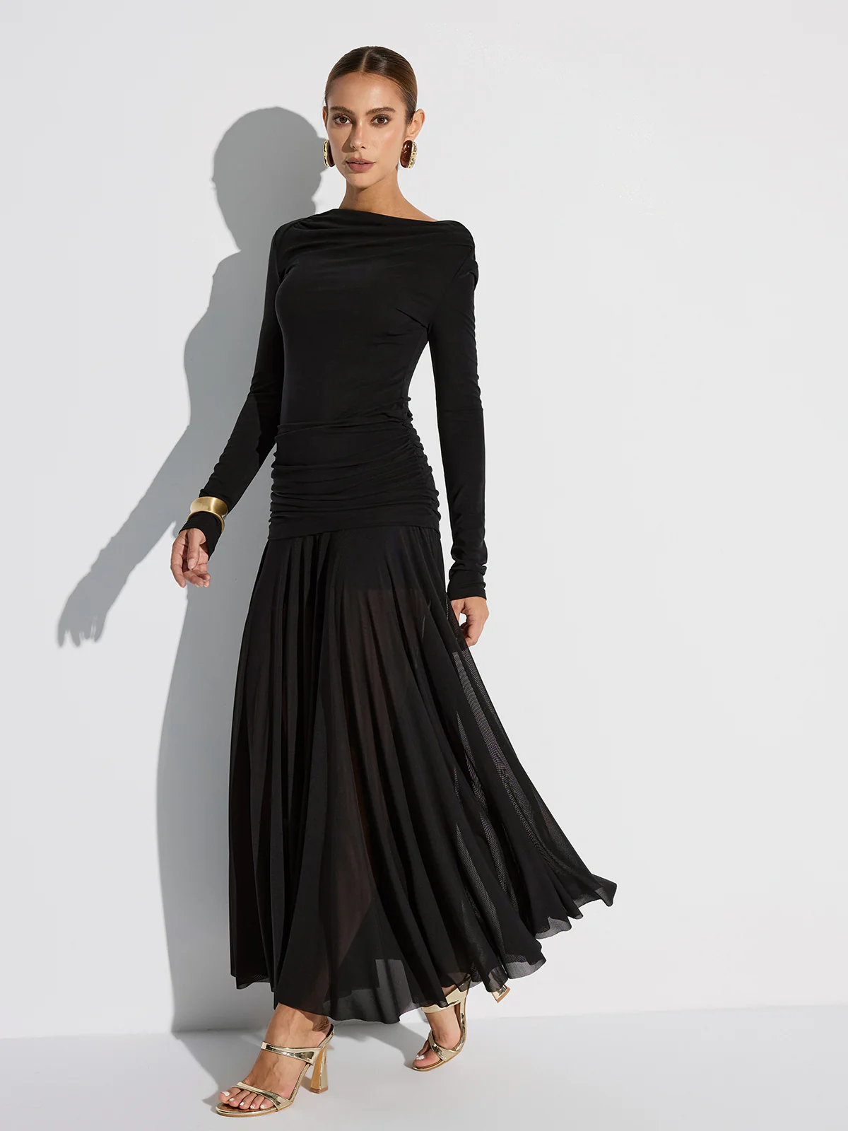 Draped Long Sleeve Top and Mesh Pleated Skirt Set - Wholesalesil