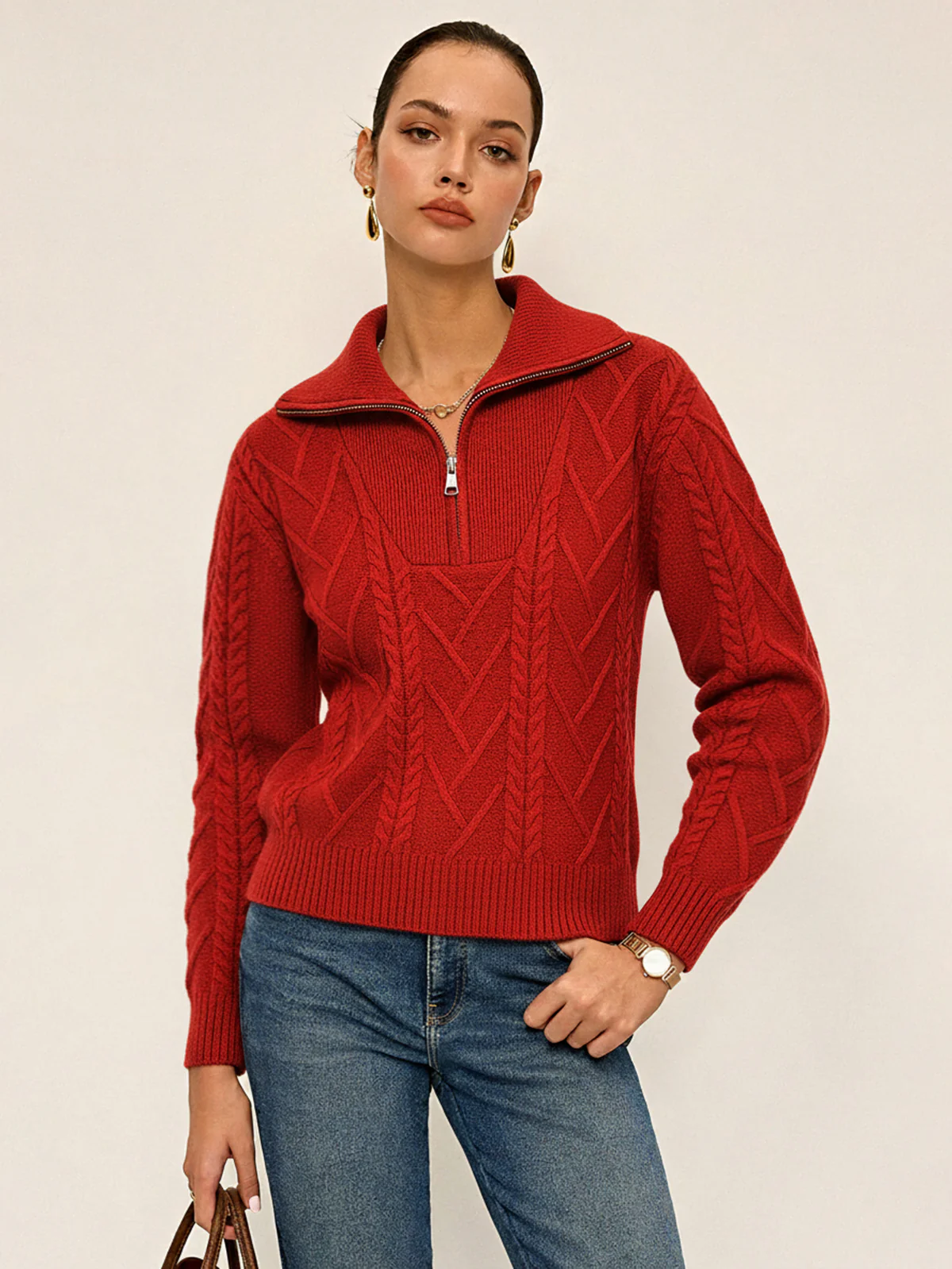 Half-Zip Wool Blend Cable Knit Top - Wholesalesil