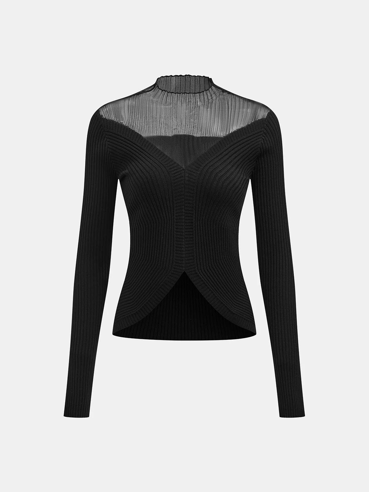 Mesh Panel Wool Blend Mock Neck Top - Wholesalesil