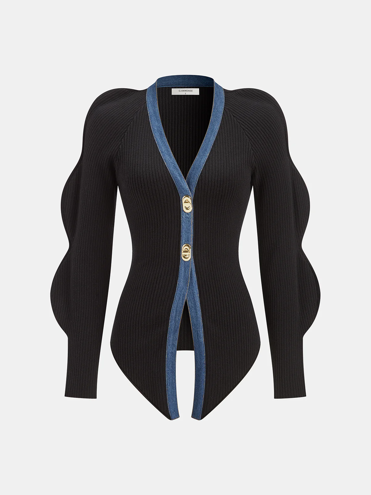 Scalloped Sleeve Denim Paneled Ribbed Cardigan - Wholesalesil