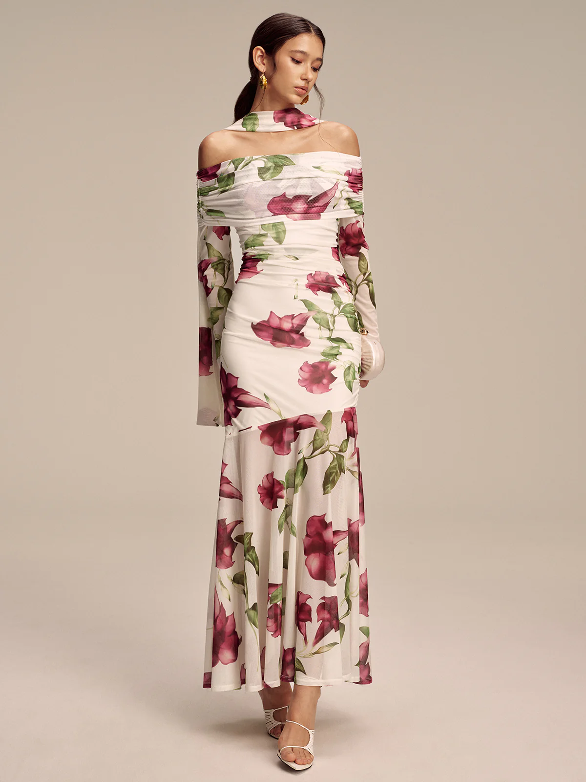 Floral Print Off-Shoulder Mesh Maxi Dress with Scarf Detail - Wholesalesil