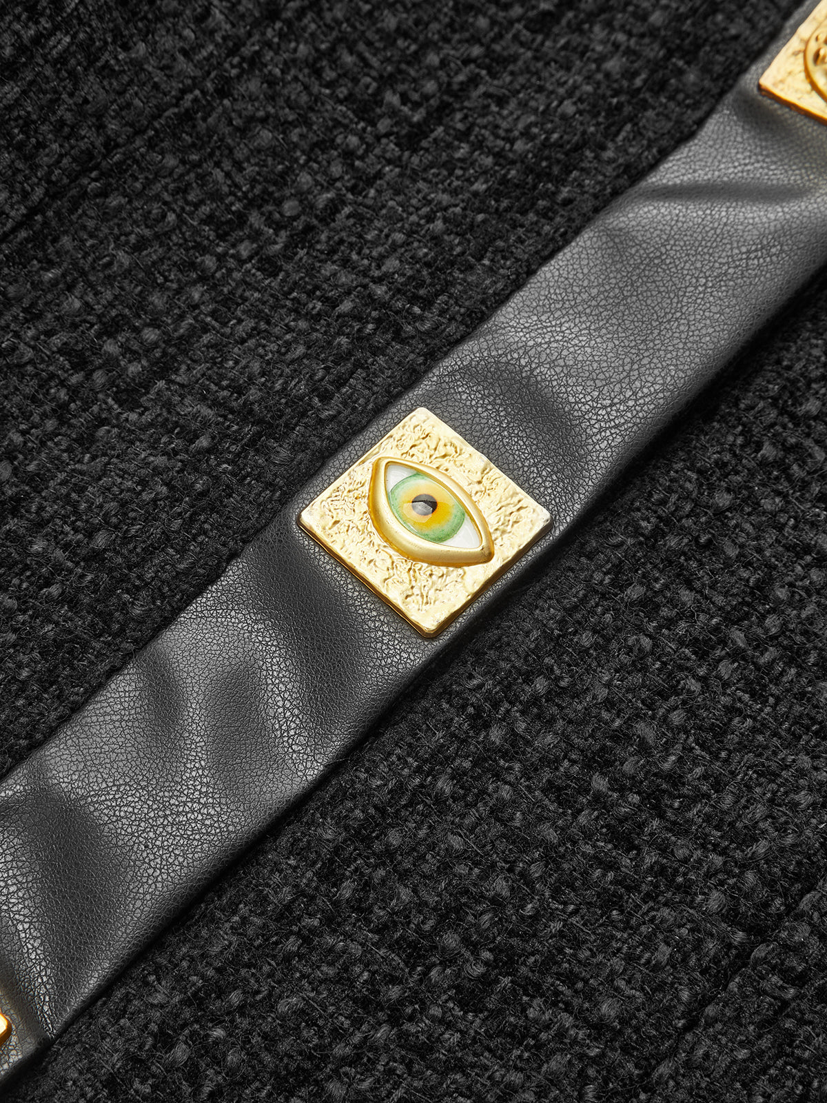 Faux Leather Trim Metal Button Tweed Blazer - Wholesalesil