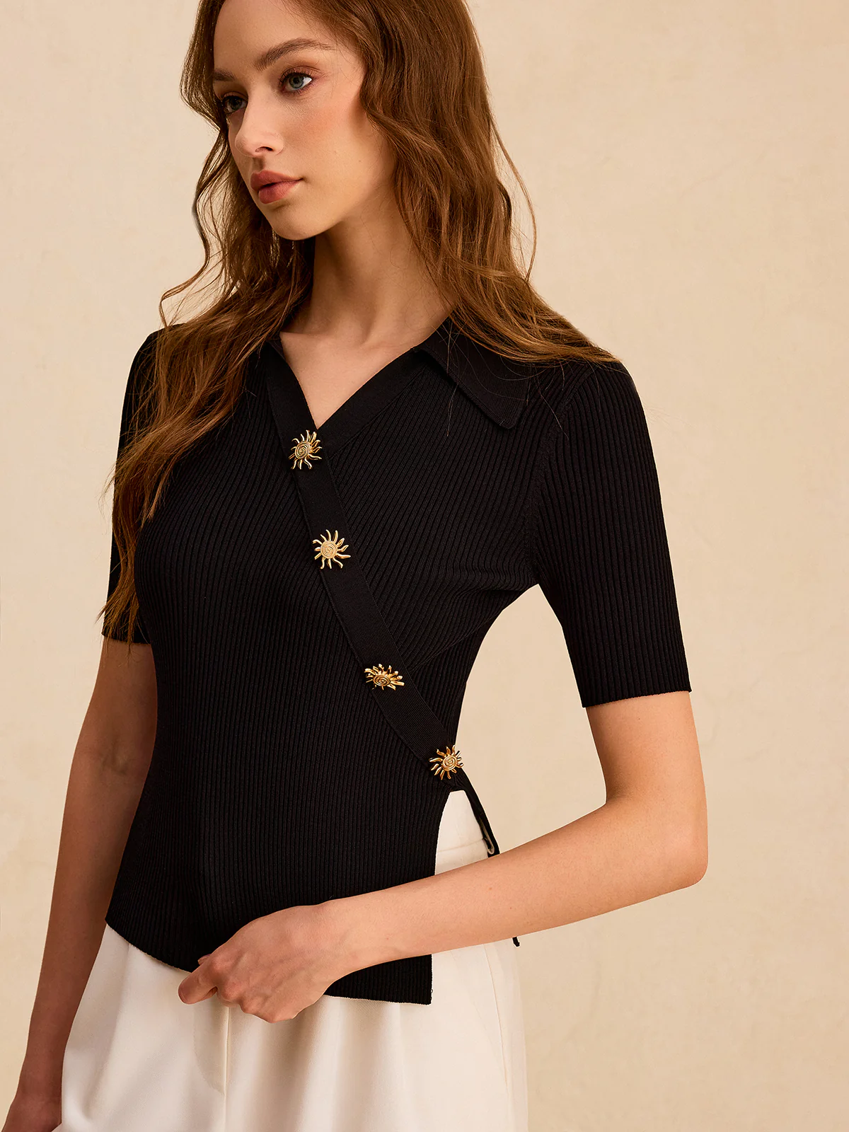 Asymmetric Metal Button Ribbed Knit Polo Top - Wholesalesil