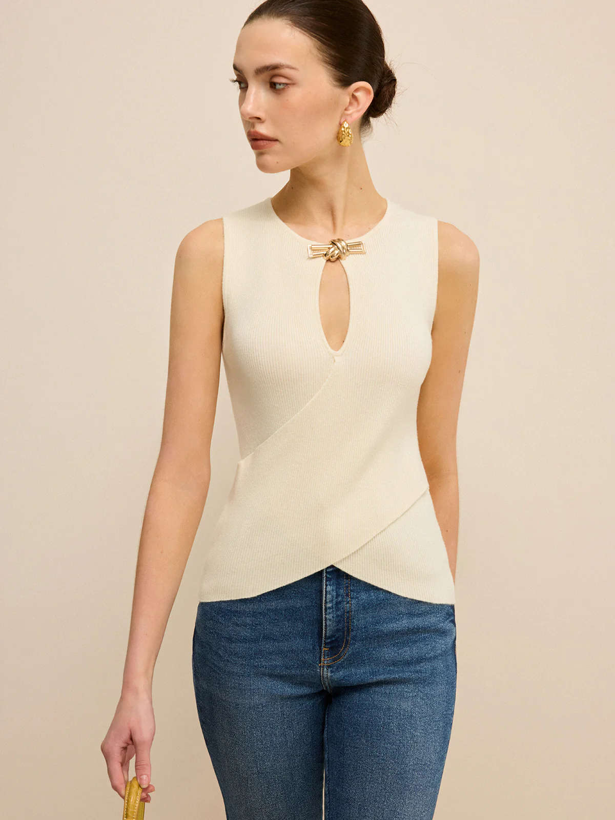 Cut-Out Sleeveless Knit Top with Cross-Over Design - Wholesalesil