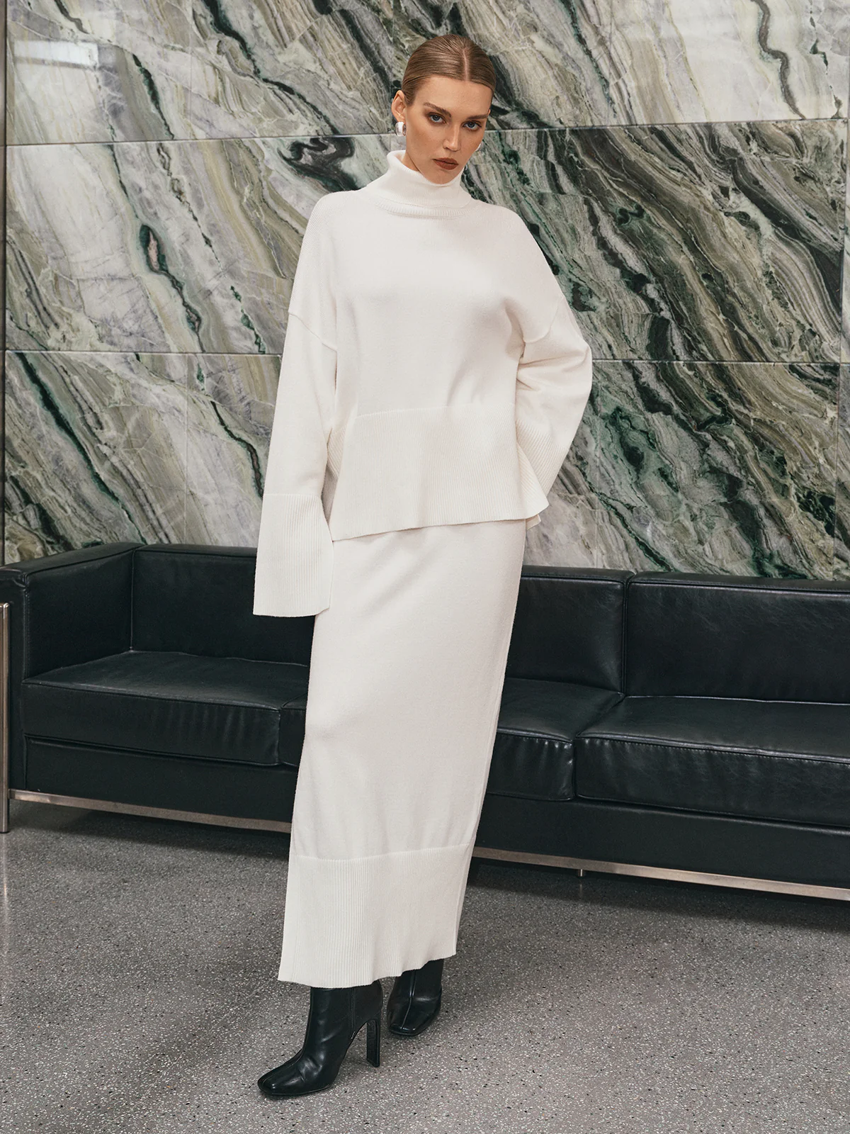 Oversized Turtleneck Knit Top and Maxi Skirt Set - Wholesalesil