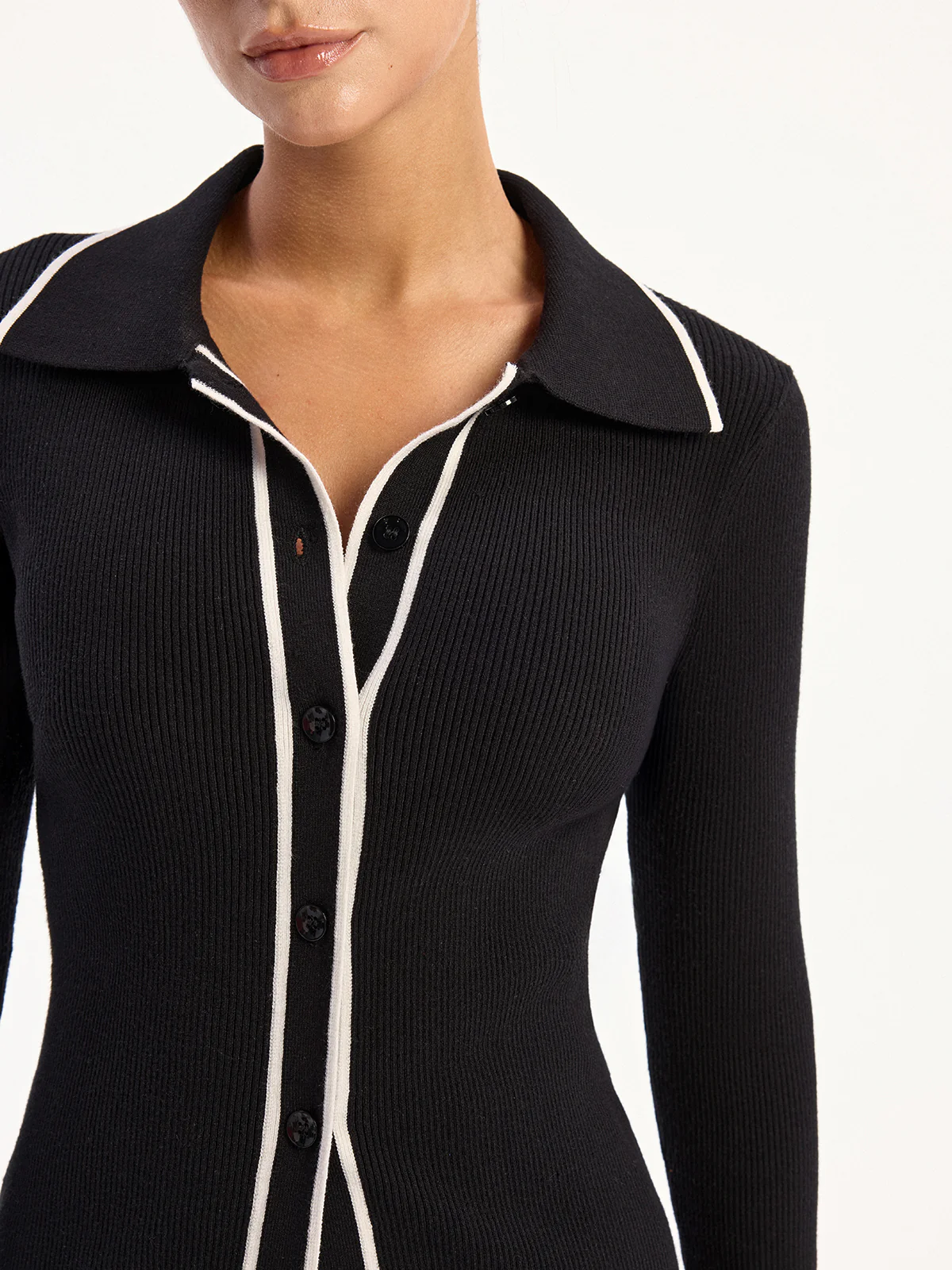 Contrast-Trim Polo Collar Knit Cardigan - Wholesalesil