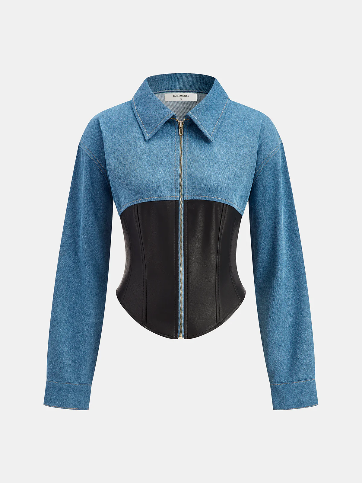 Collared Zip-Up Denim Paneled Corset Jacket - Wholesalesil