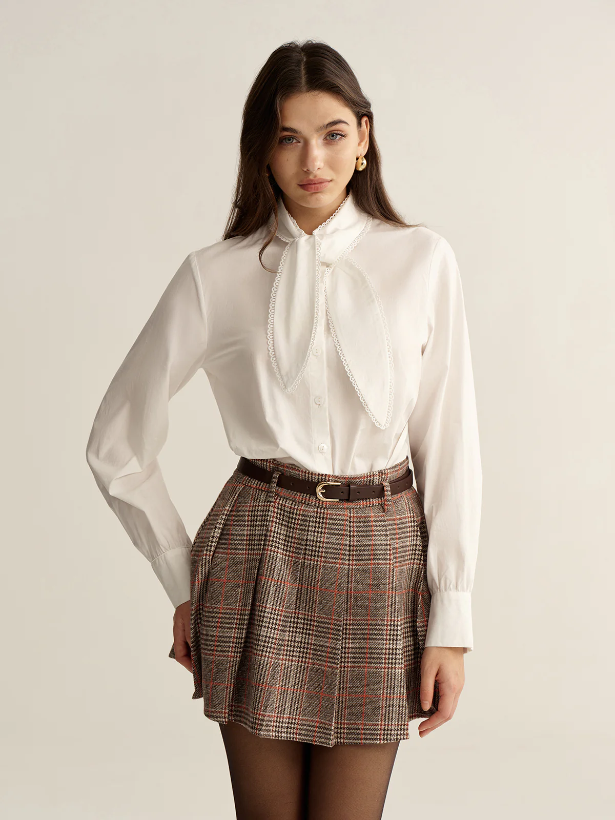 Lace-Trim Tie Neck Cotton Blouse - Wholesalesil