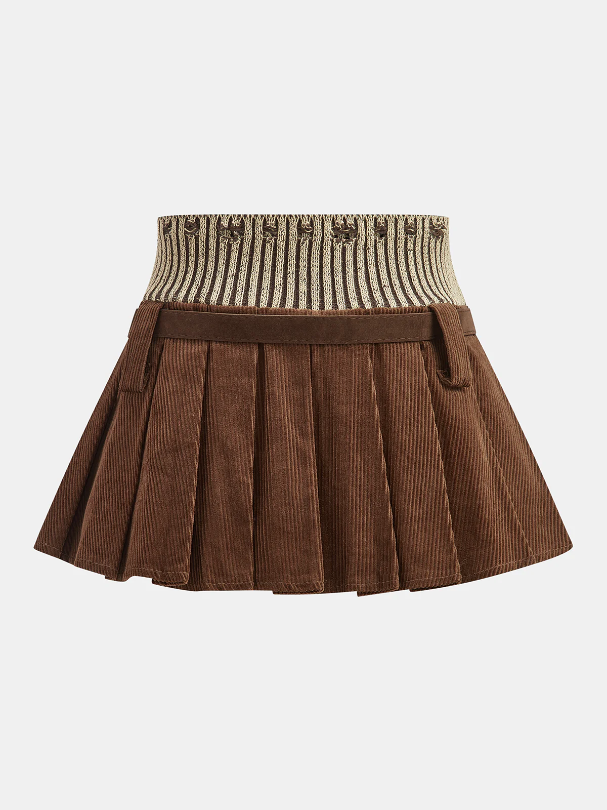 Belted Corduroy Pleated Mini Skirt with Knit Waistband - Wholesalesil