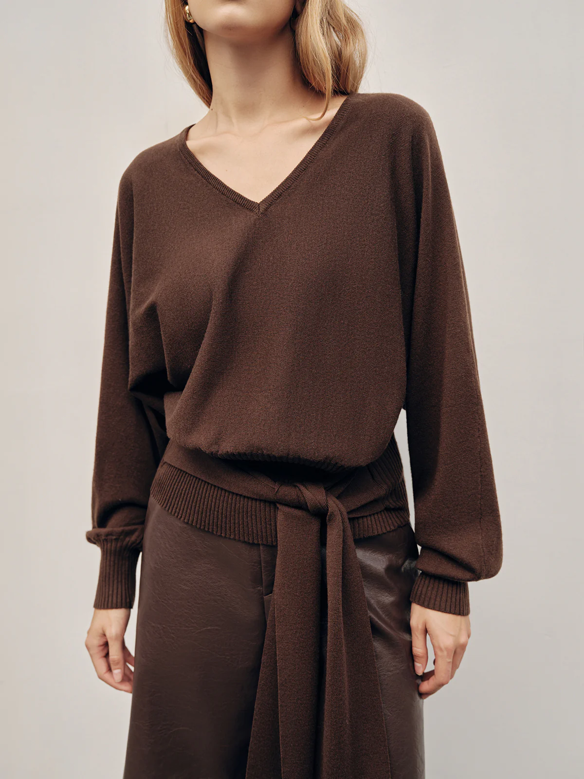 Tie-Waist V-Neck Wool-Blend Sweater - Wholesalesil