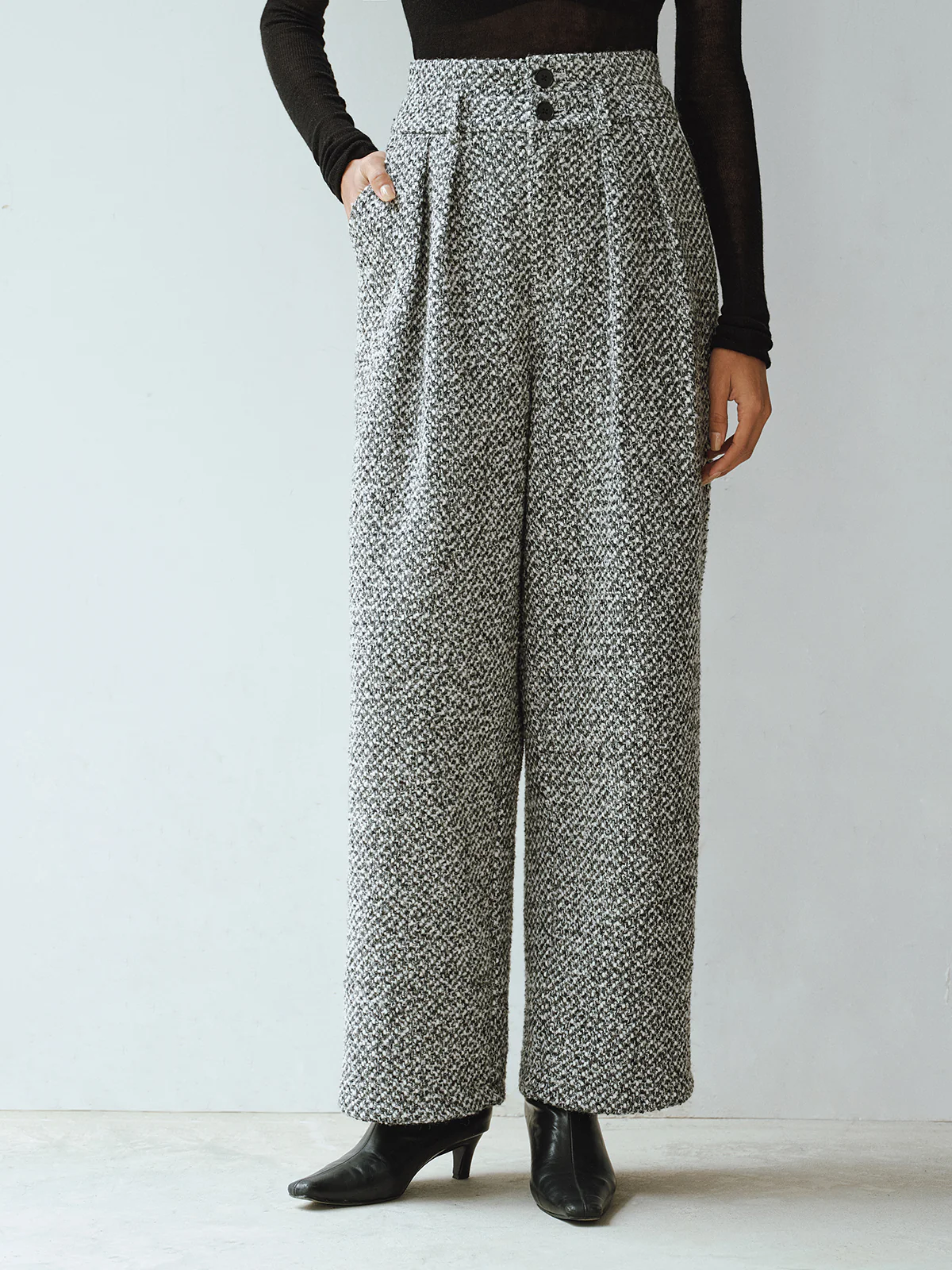 Wool Blend Double Waistband Tweed Pants - Wholesalesil