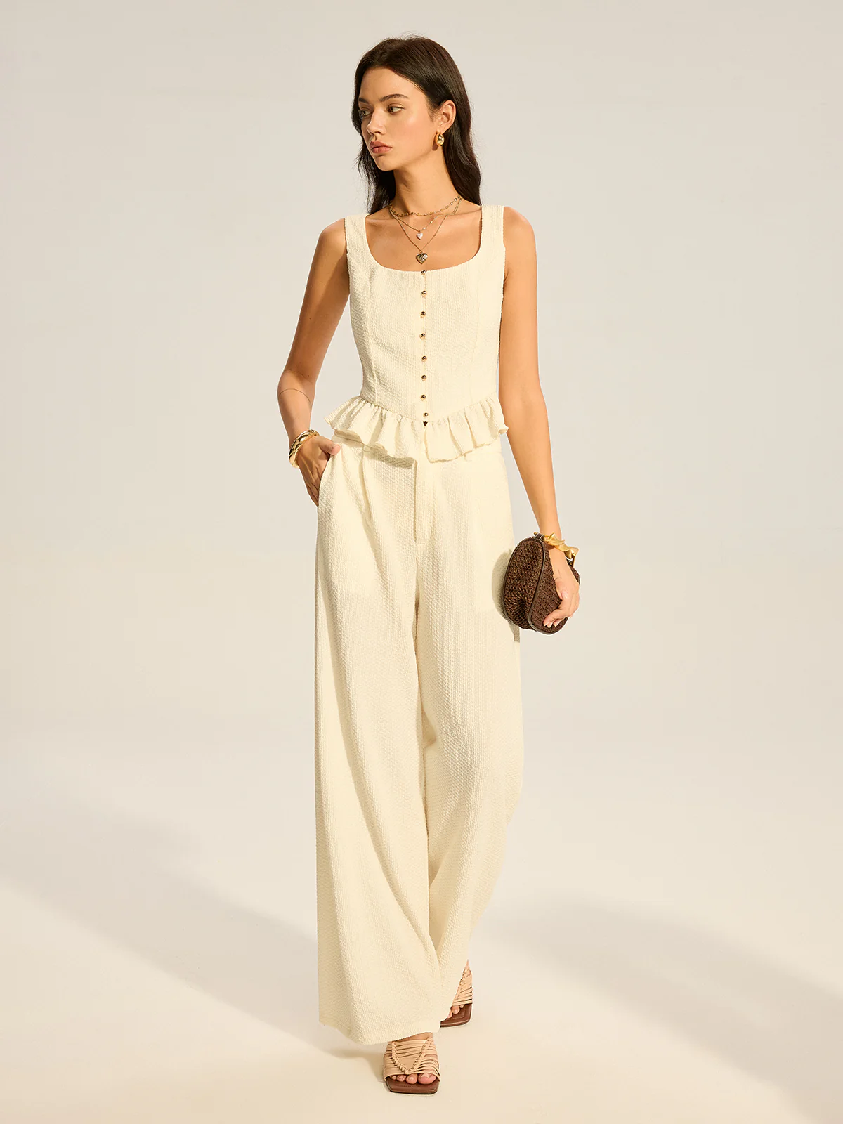 Textured Peplum Top and Wide-Leg Pants Set - Wholesalesil