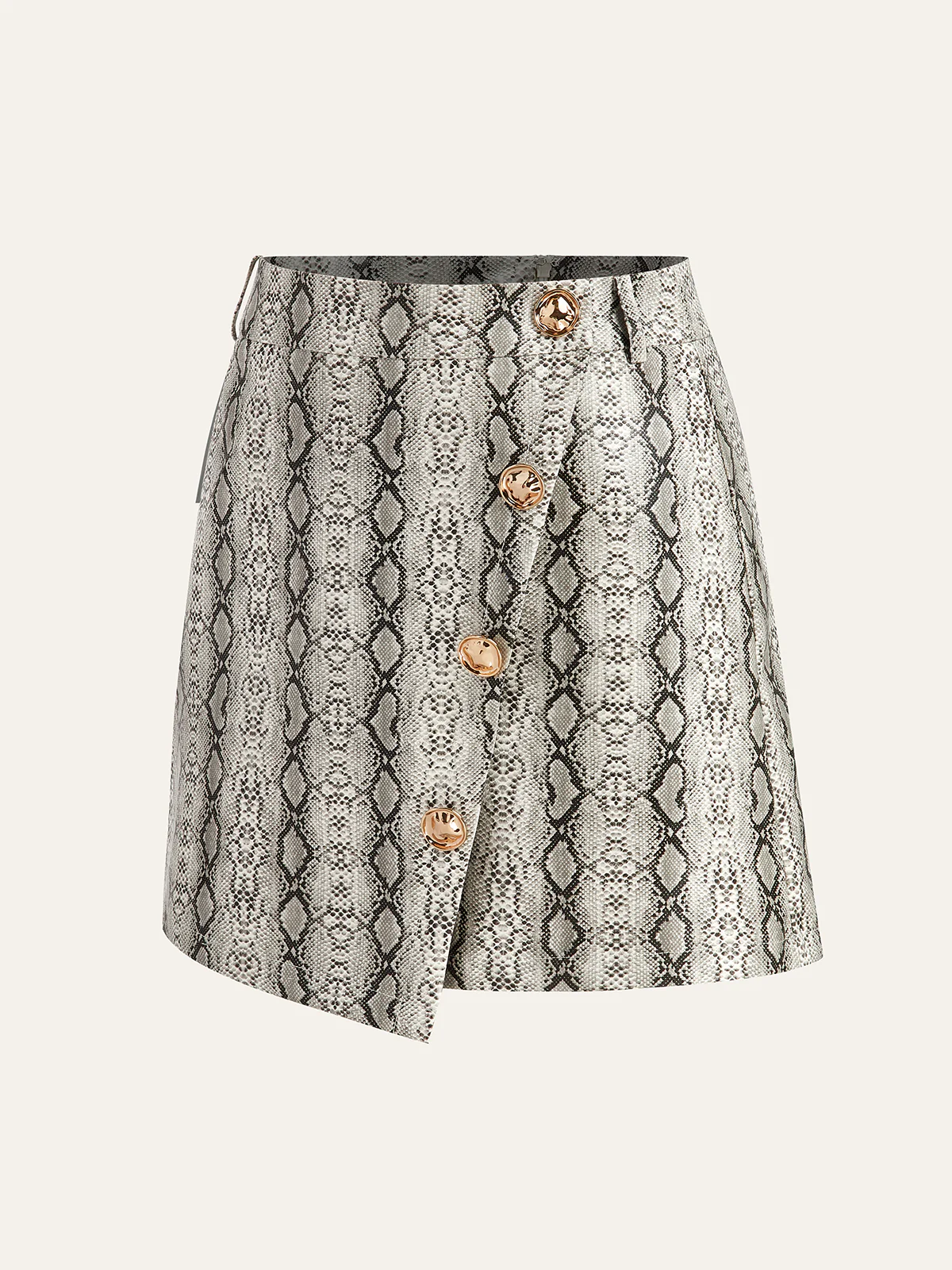 Snake Print Asymmetric PU Leather Mini Skirt - Wholesalesil