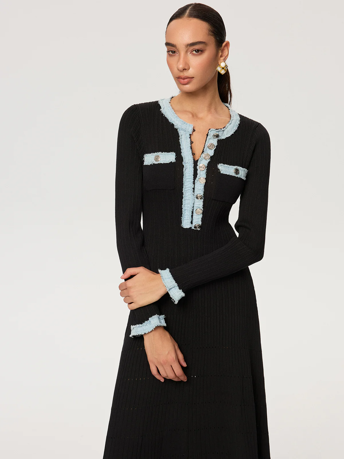 Denim Panel Knit Maxi Dress - Wholesalesil