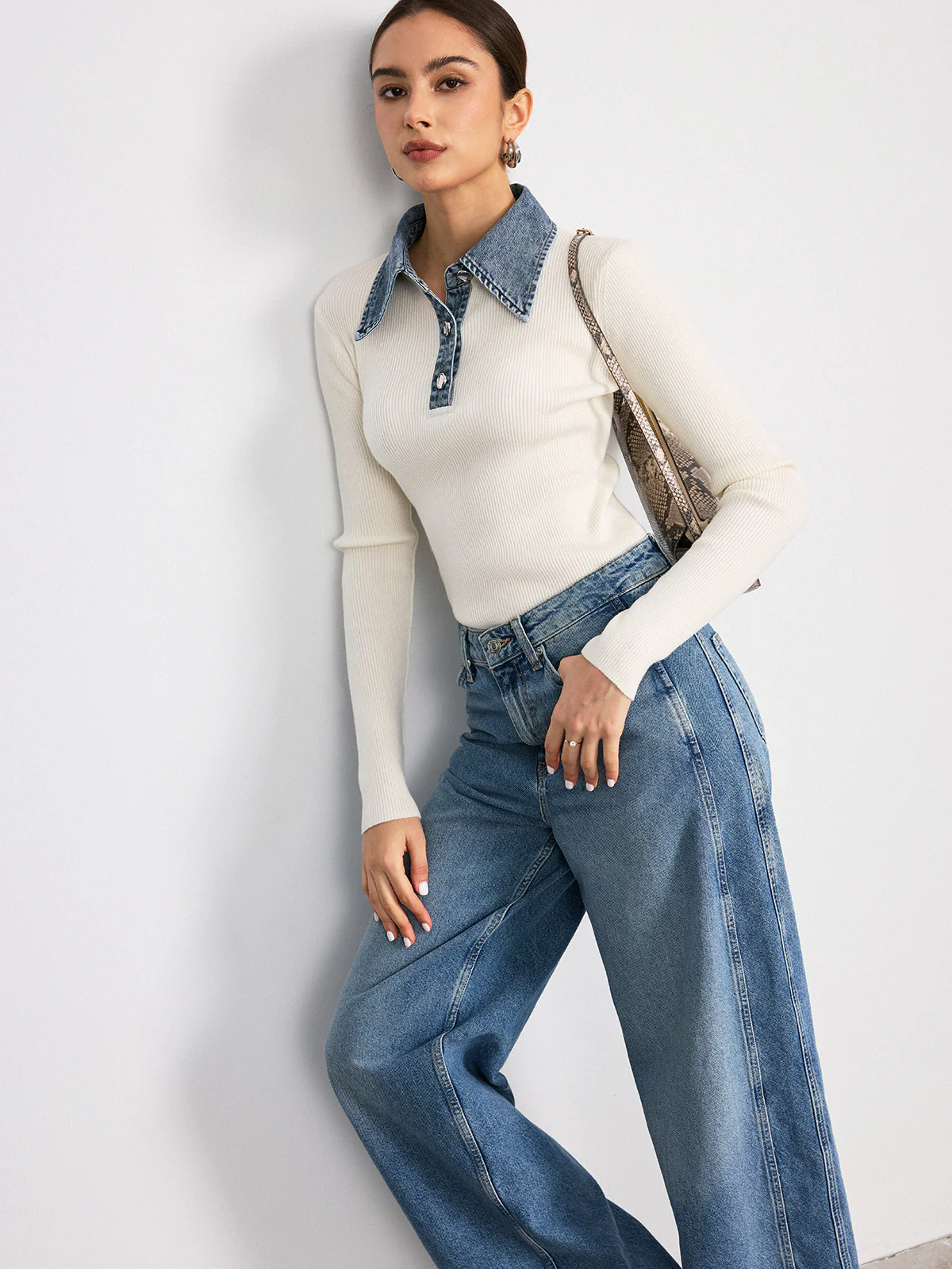 Denim Collar Wool Blend Knit Top - Wholesalesil
