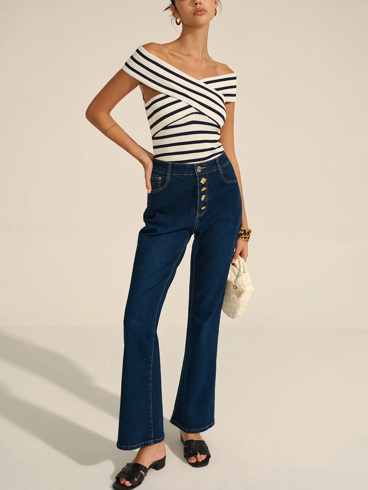 Striped Off-Shoulder Cross Knit Top - Wholesalesil