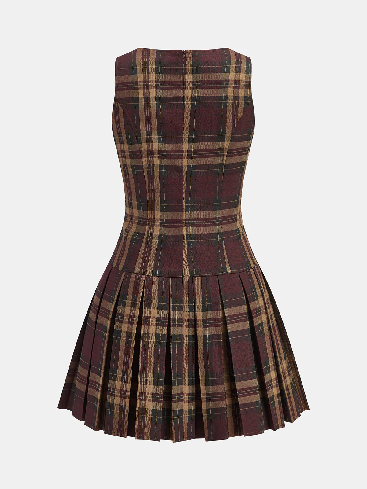 Metal Detail Plaid Sleeveless Pleated Mini Dress - Wholesalesil