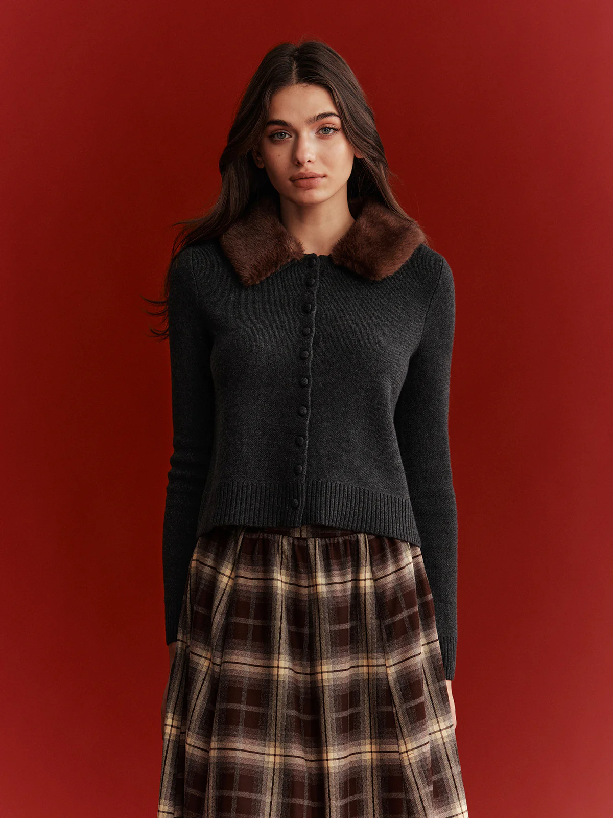 Faux Fur Collar Wool-Blend Cardigan - Wholesalesil