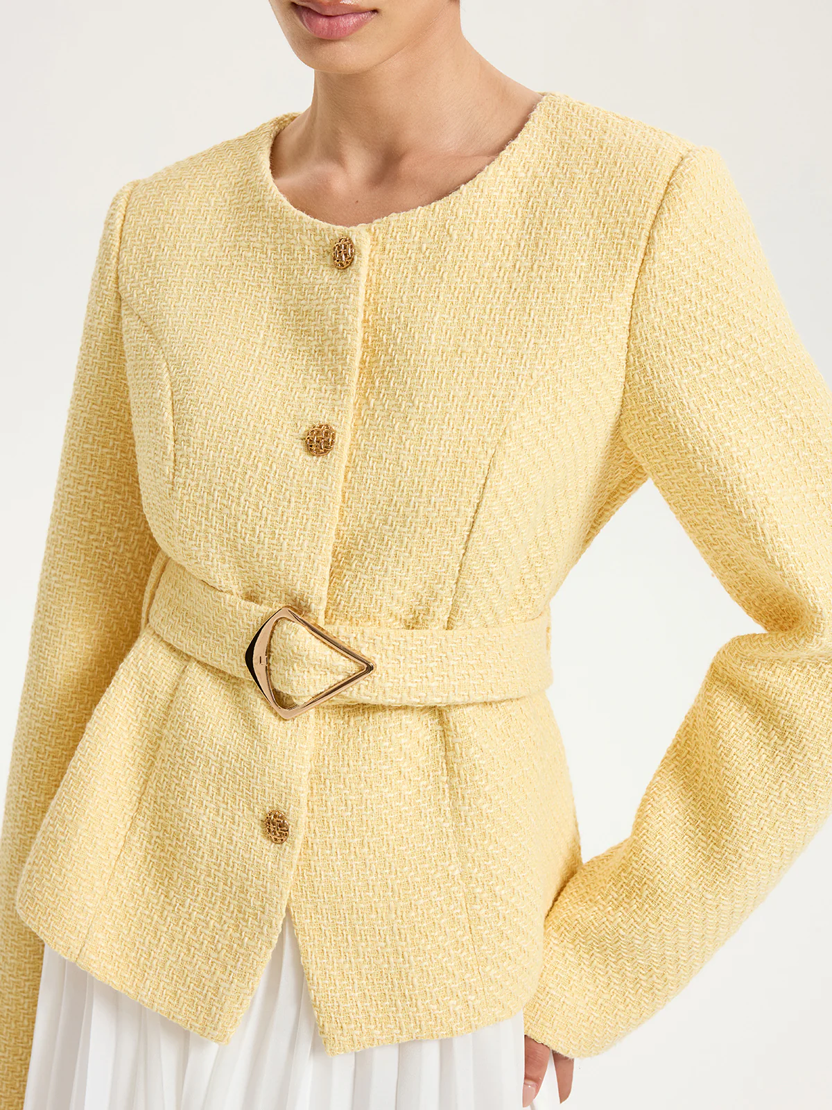 Tweed Belted Button-Front Blazer - Wholesalesil