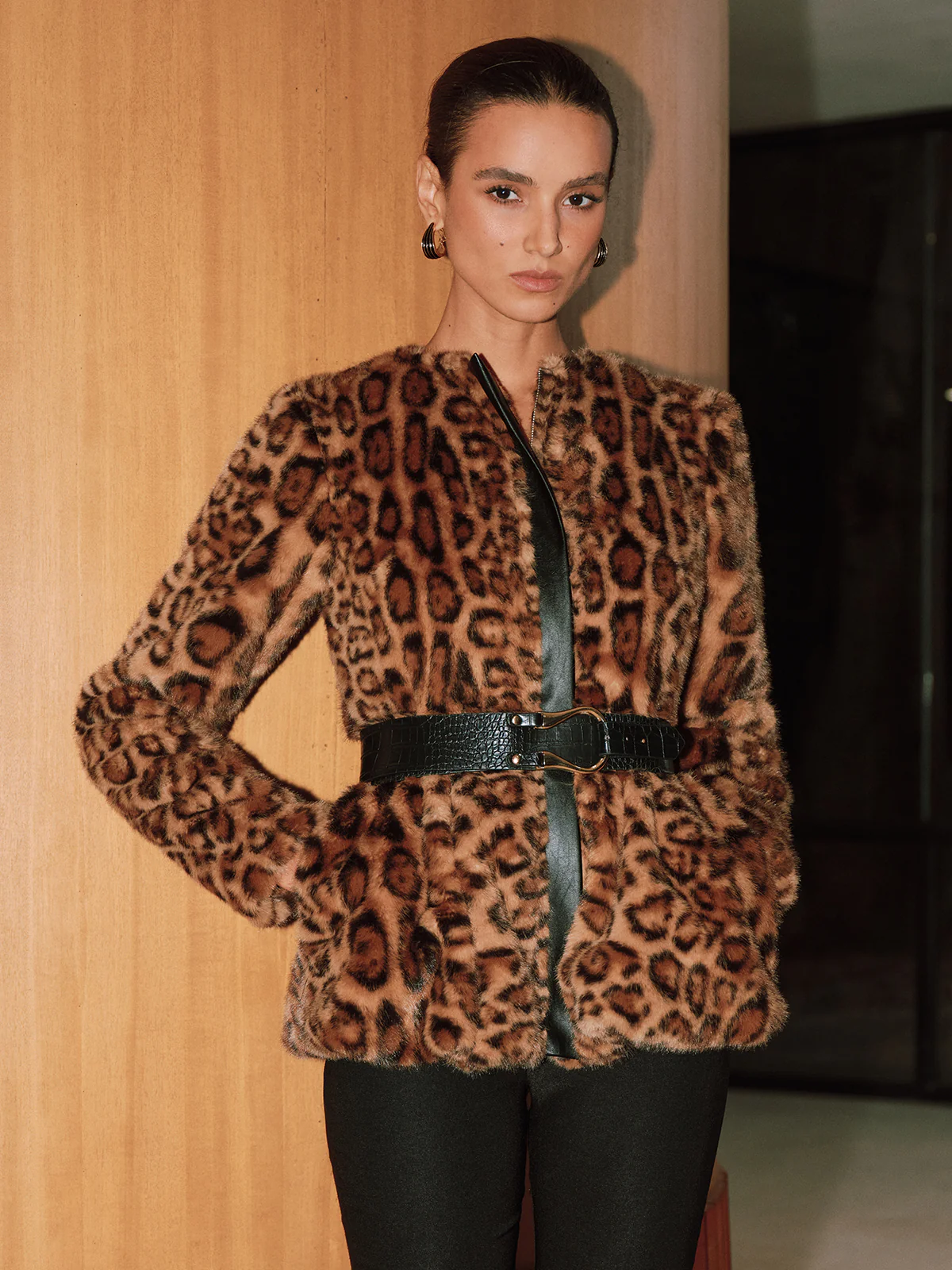 Belted Leopard Faux Fur Coat - Wholesalesil