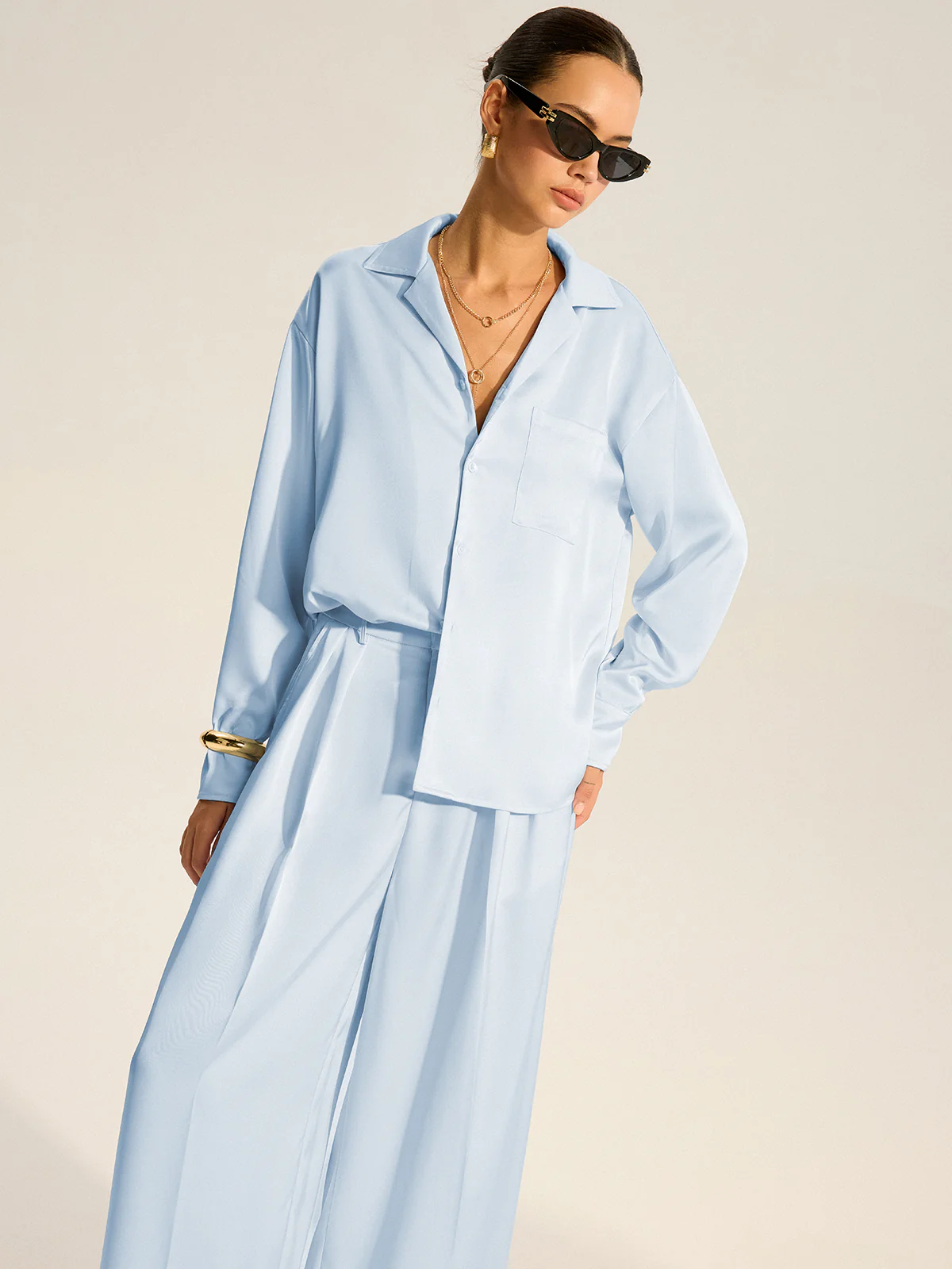 Oversized Pocket Satin Shirt and Pleated Pants Set - Wholesalesil