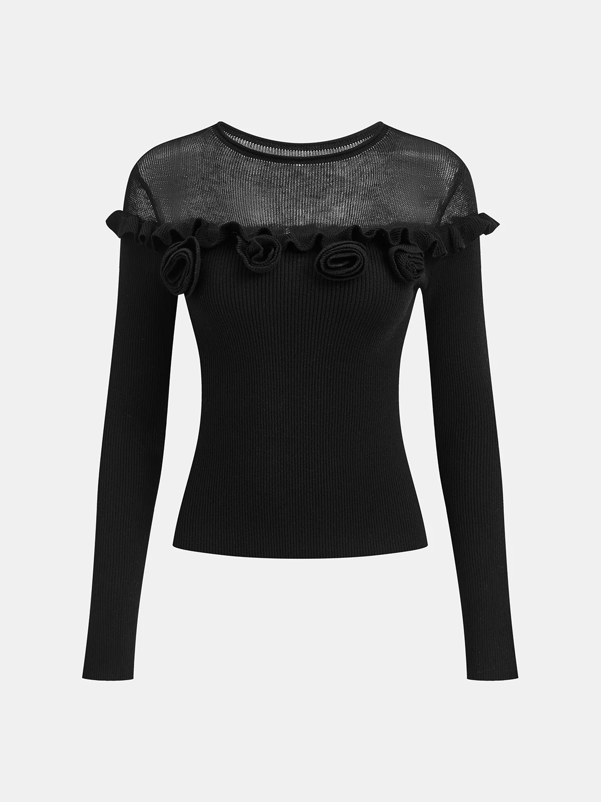 3D Floral Ruffle Trim Sheer Panel Knit Top - Wholesalesil