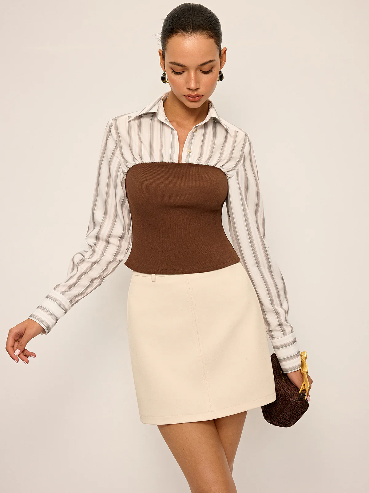2 in 1 Ribbed Knit and Striped Contrast Shirt - Wholesalesil