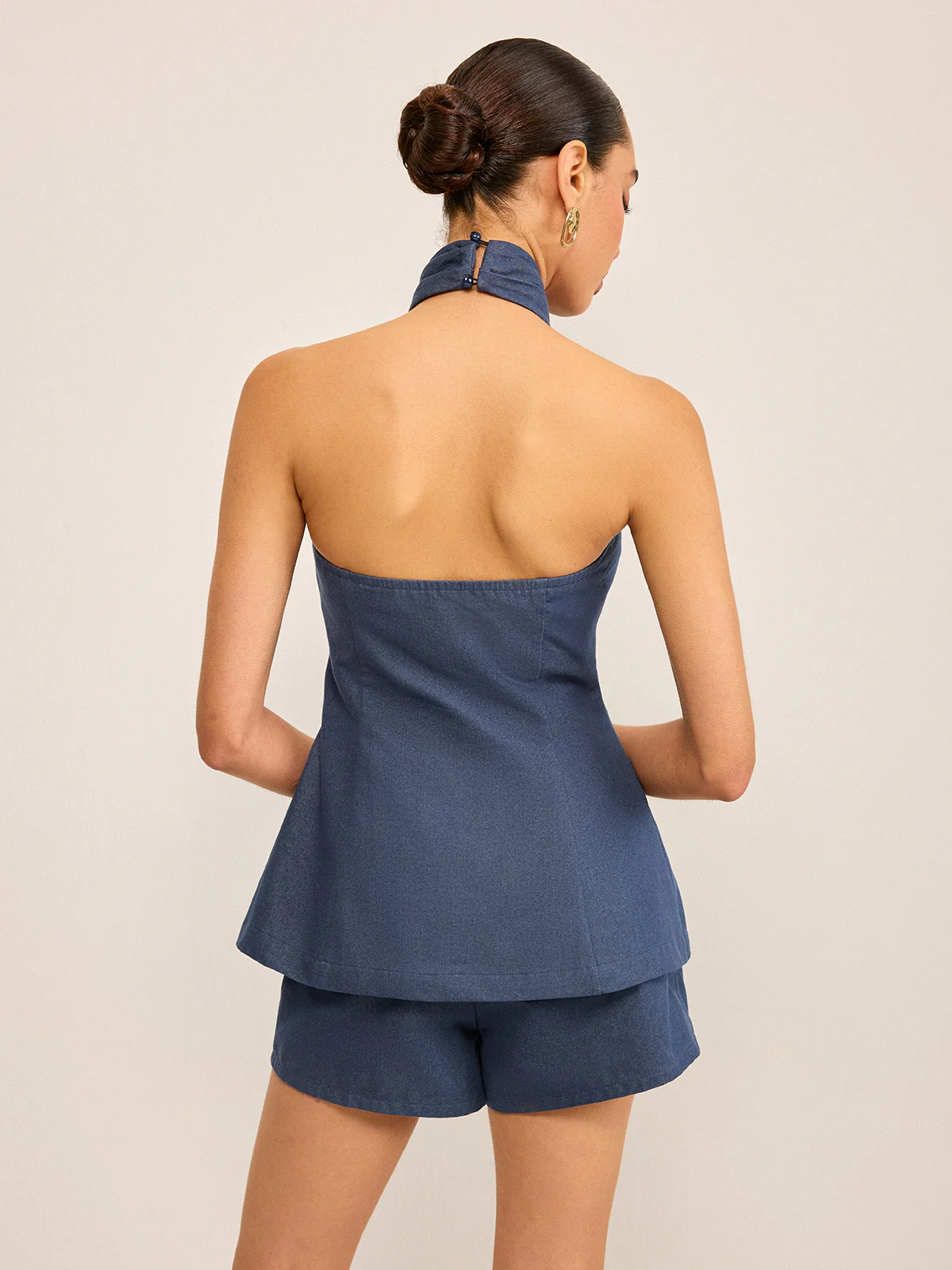 Metal Button Halter Neck Top with Shorts Set - Wholesalesil