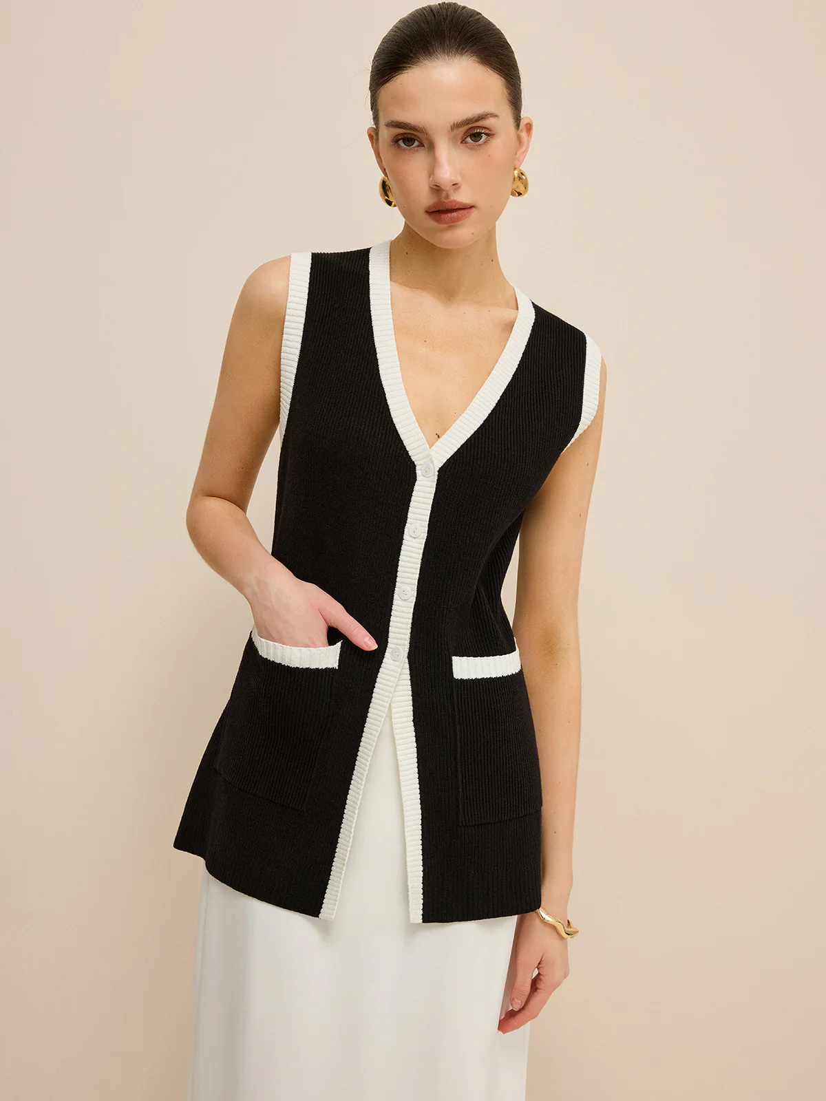 Contrast Trim V-Neck Knit Vest - Wholesalesil