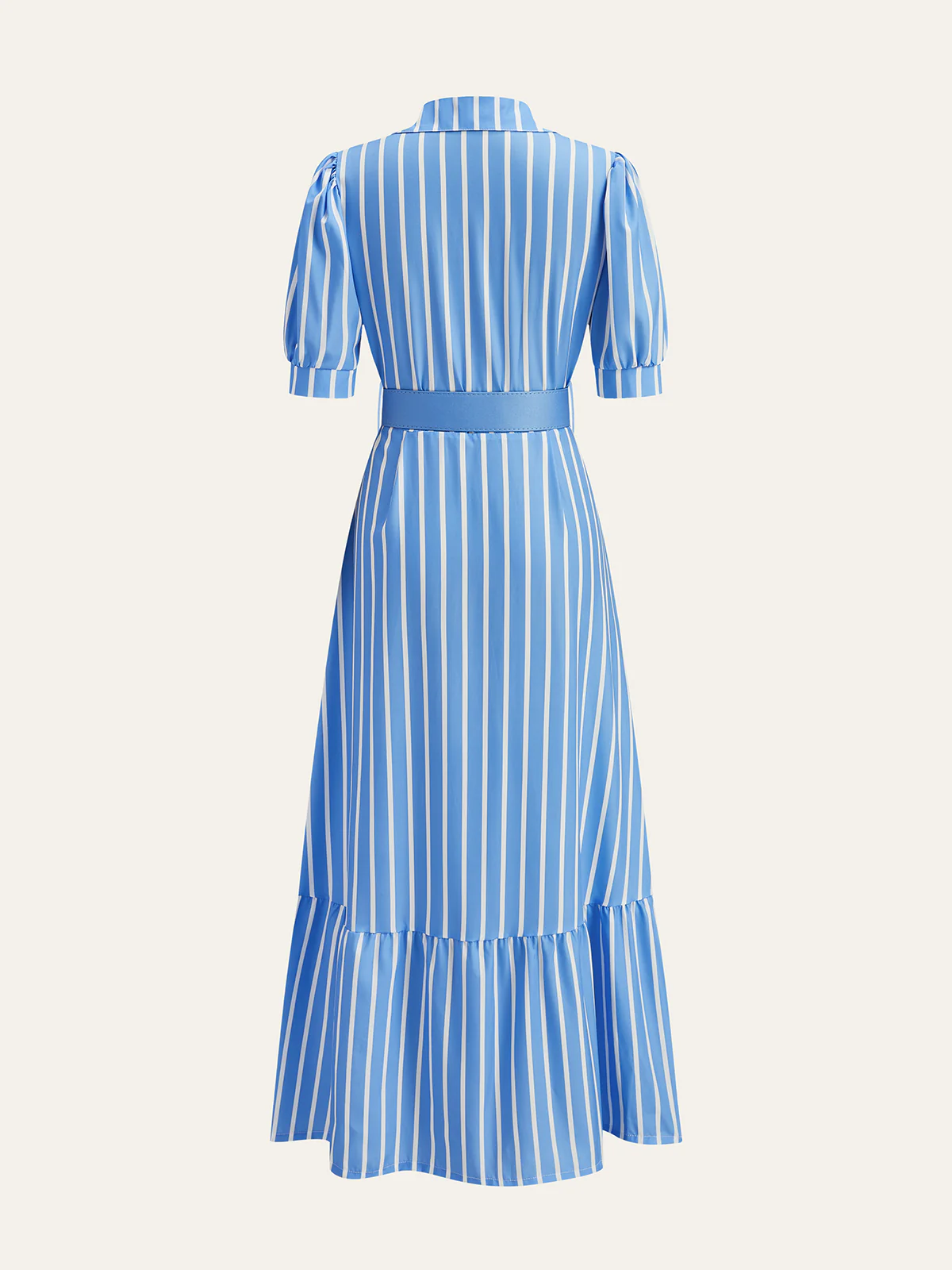 Belted Striped Dress with Puff Sleeves - Wholesalesil