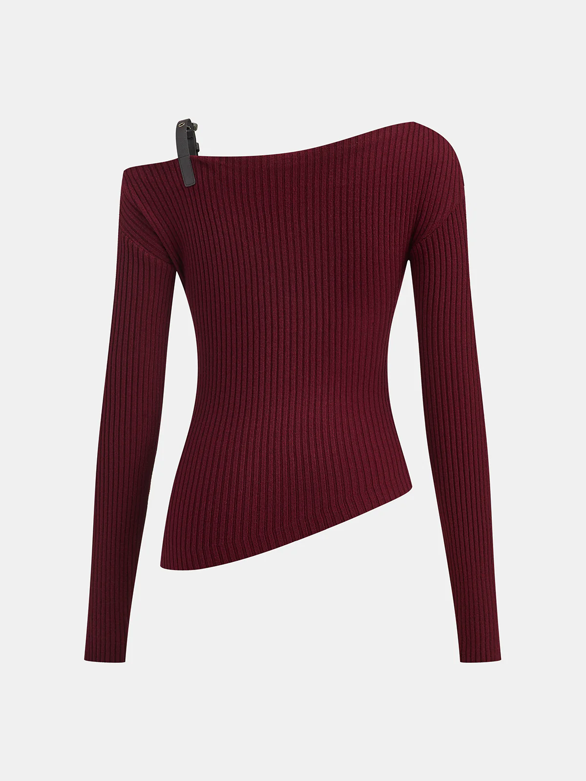 Belt Strap Detail Asymmetric Rib-Knit Top - Wholesalesil