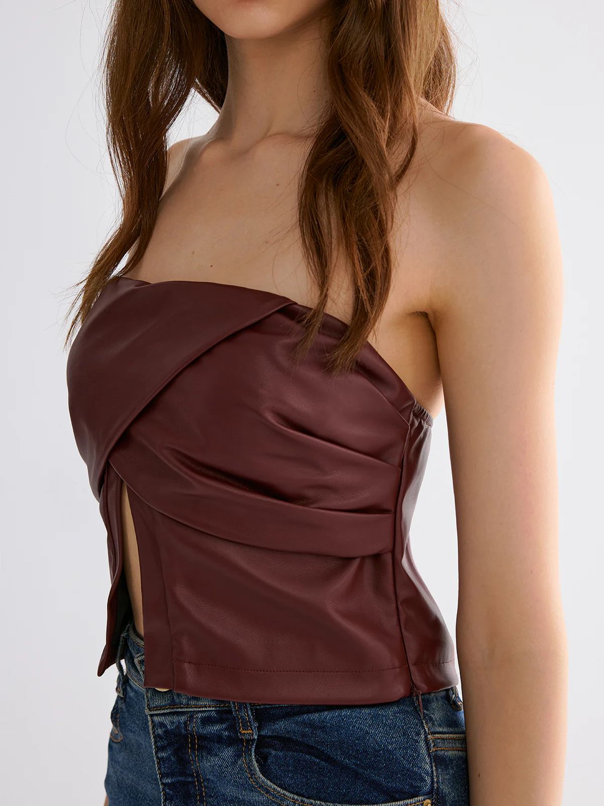 PU Strapless Criss-Cross Crop Top - Wholesalesil