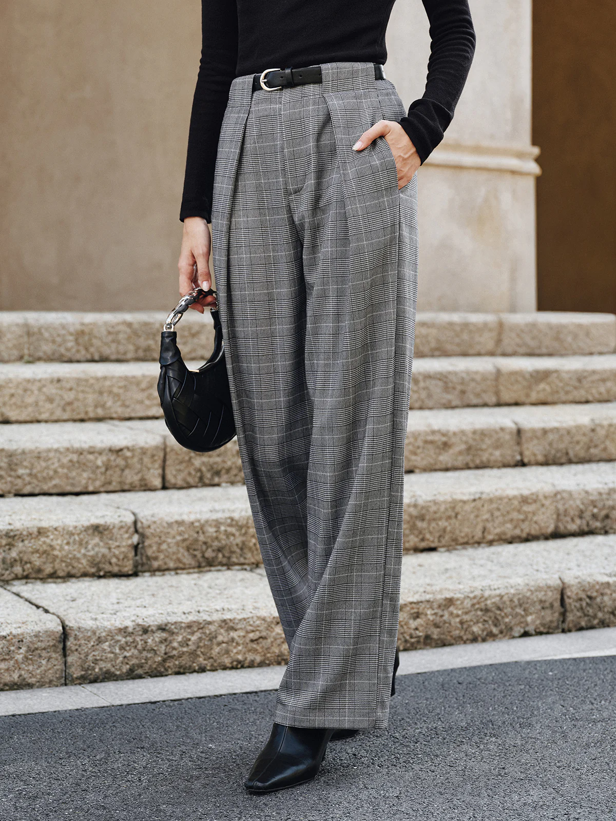 Pleated Plaid Belted Wide-Leg Pants - Wholesalesil