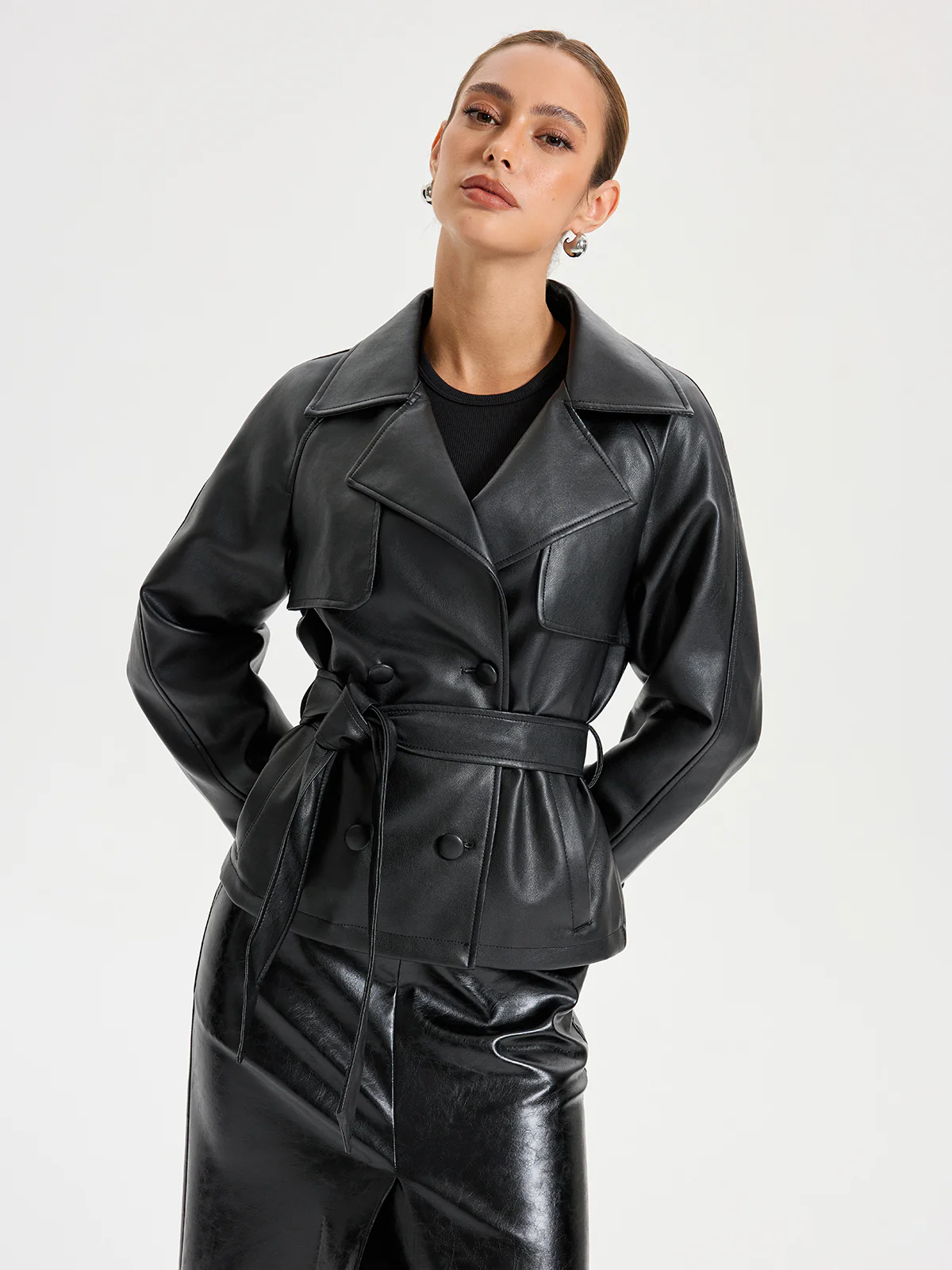 Belted PU Leather Jacket - Wholesalesil