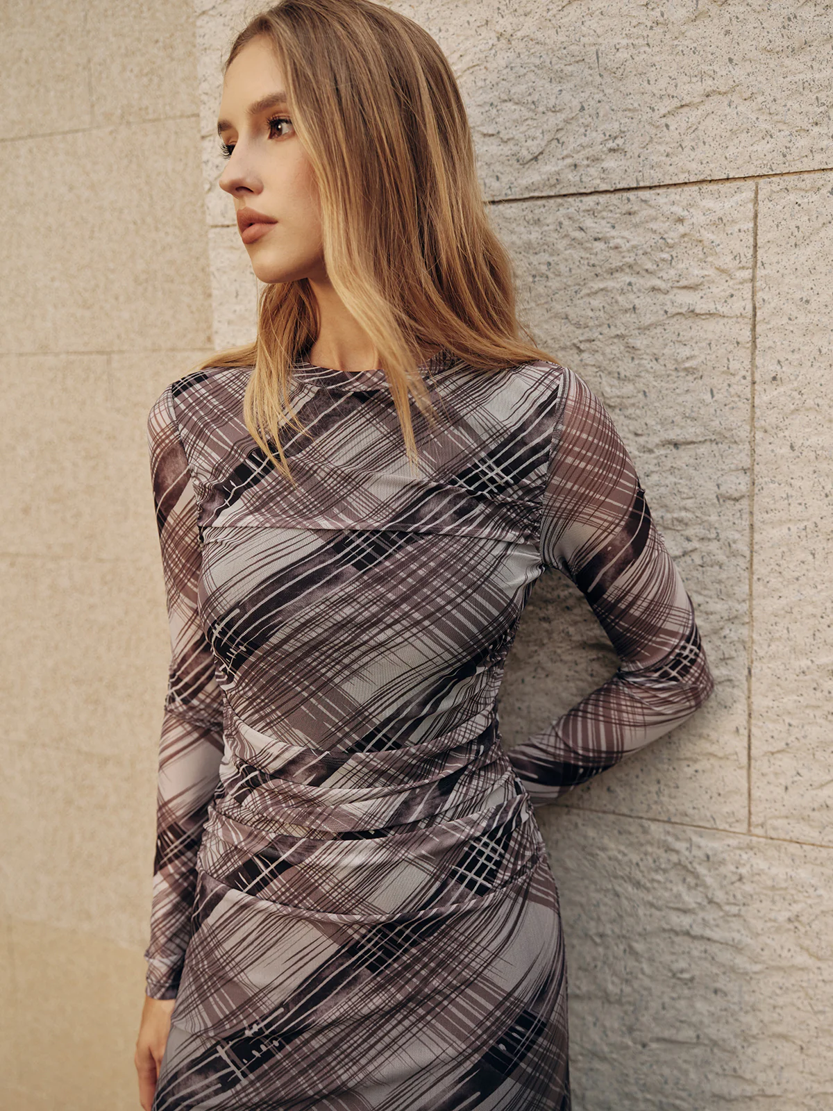 Long Sleeve Plaid Mesh Ruched Maxi Dress - Wholesalesil