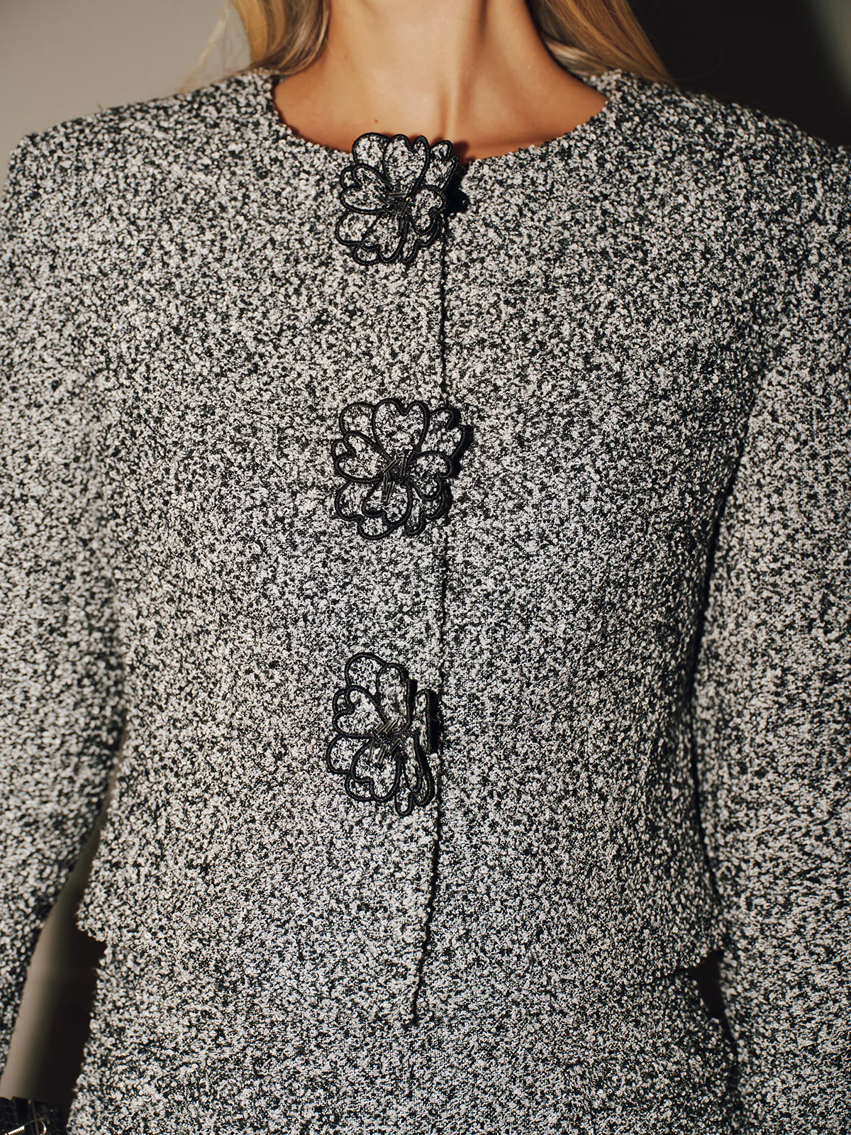 3D Floral Detail Tweed Blazer - Wholesalesil
