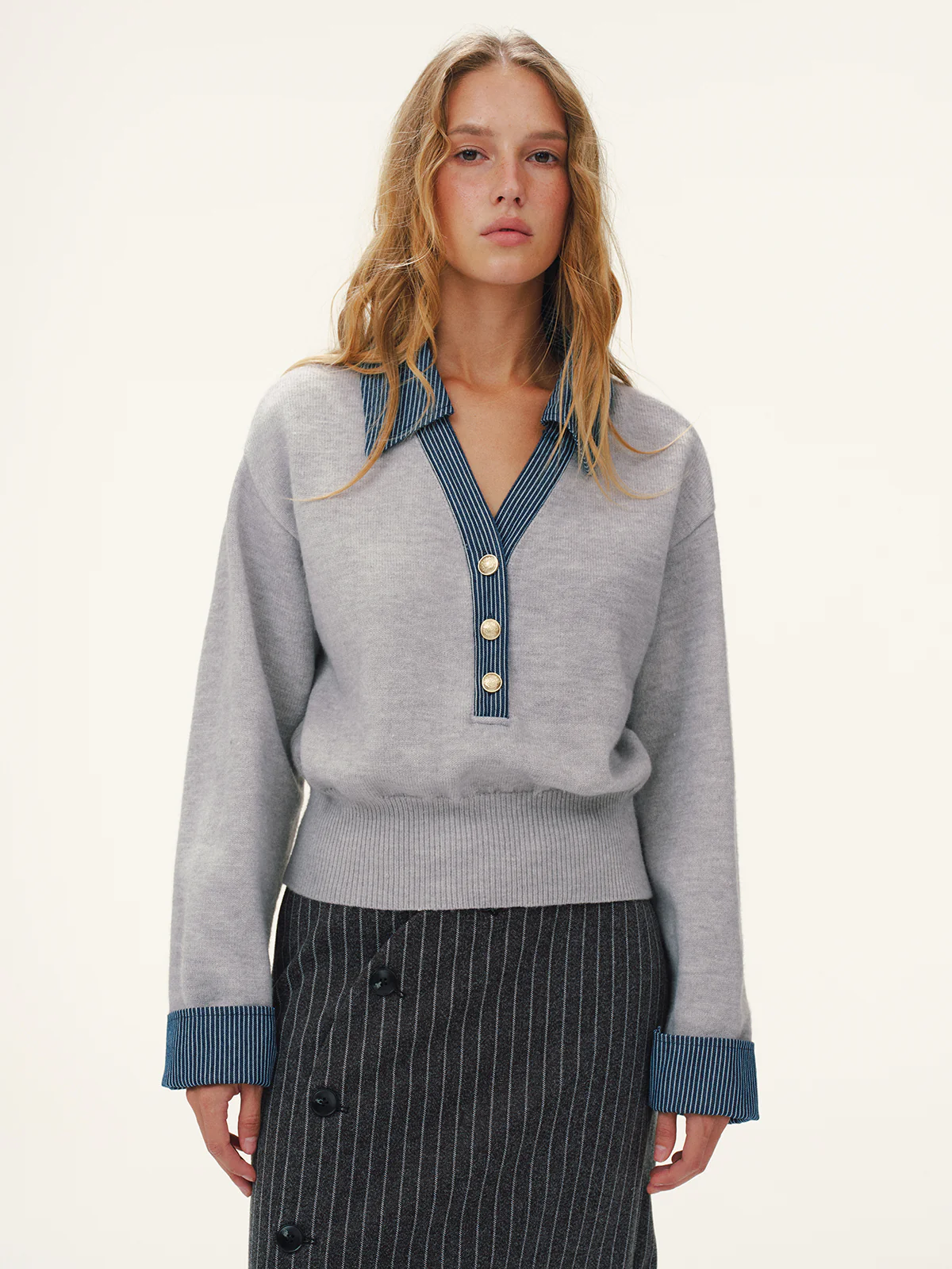 Striped Denim Panel Polo Sweater - Wholesalesil