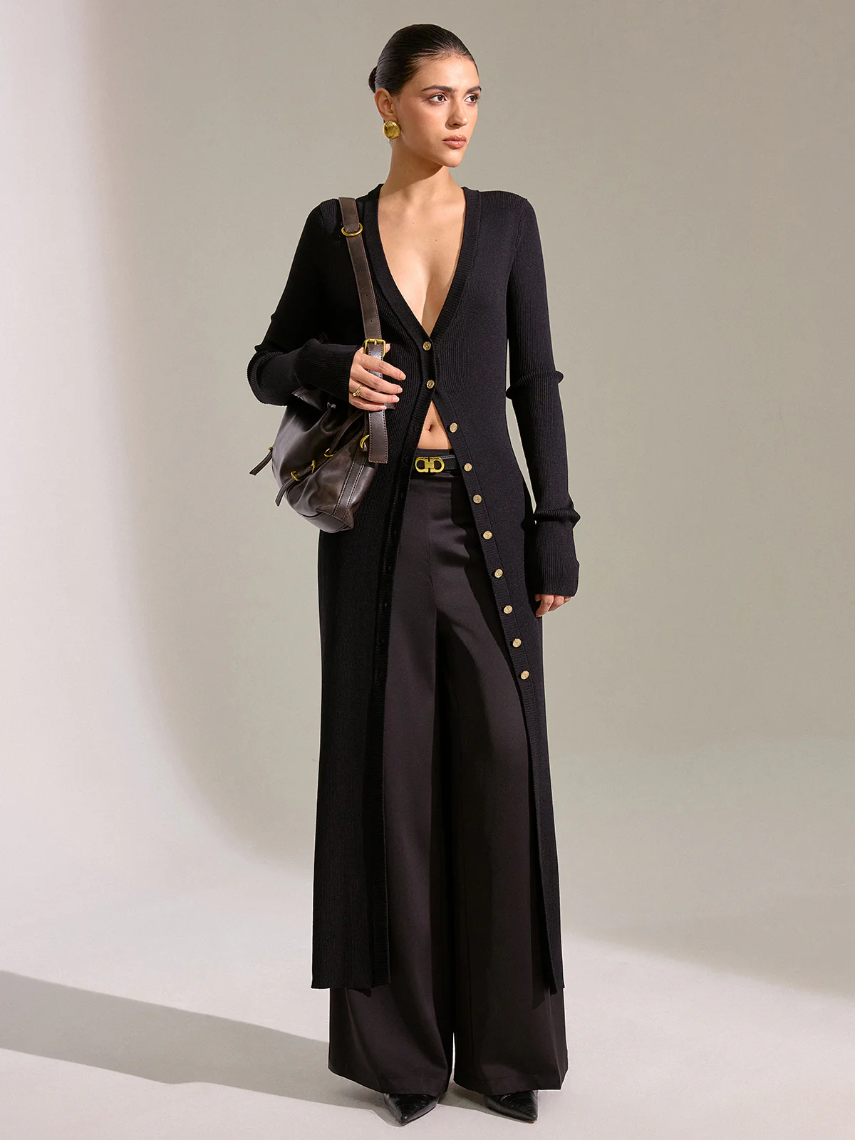 Metal Button Longline Knit Cardigan Dress - Wholesalesil