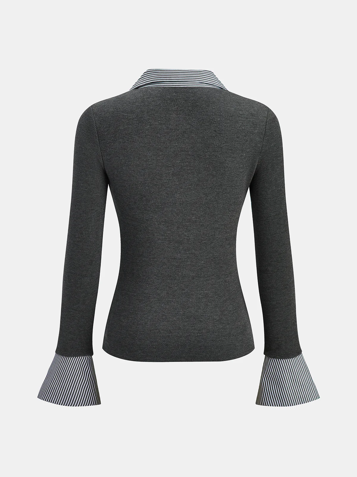 Striped Shirt Panel Knit Top - Wholesalesil