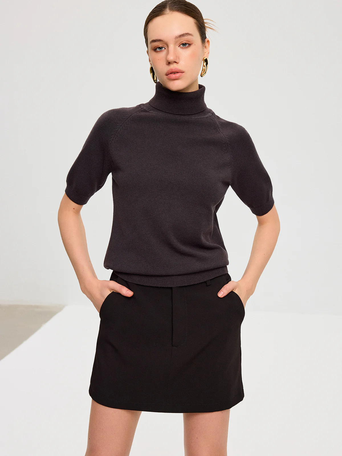 Turtleneck Short Puffed Sleeve Knit Top - Wholesalesil